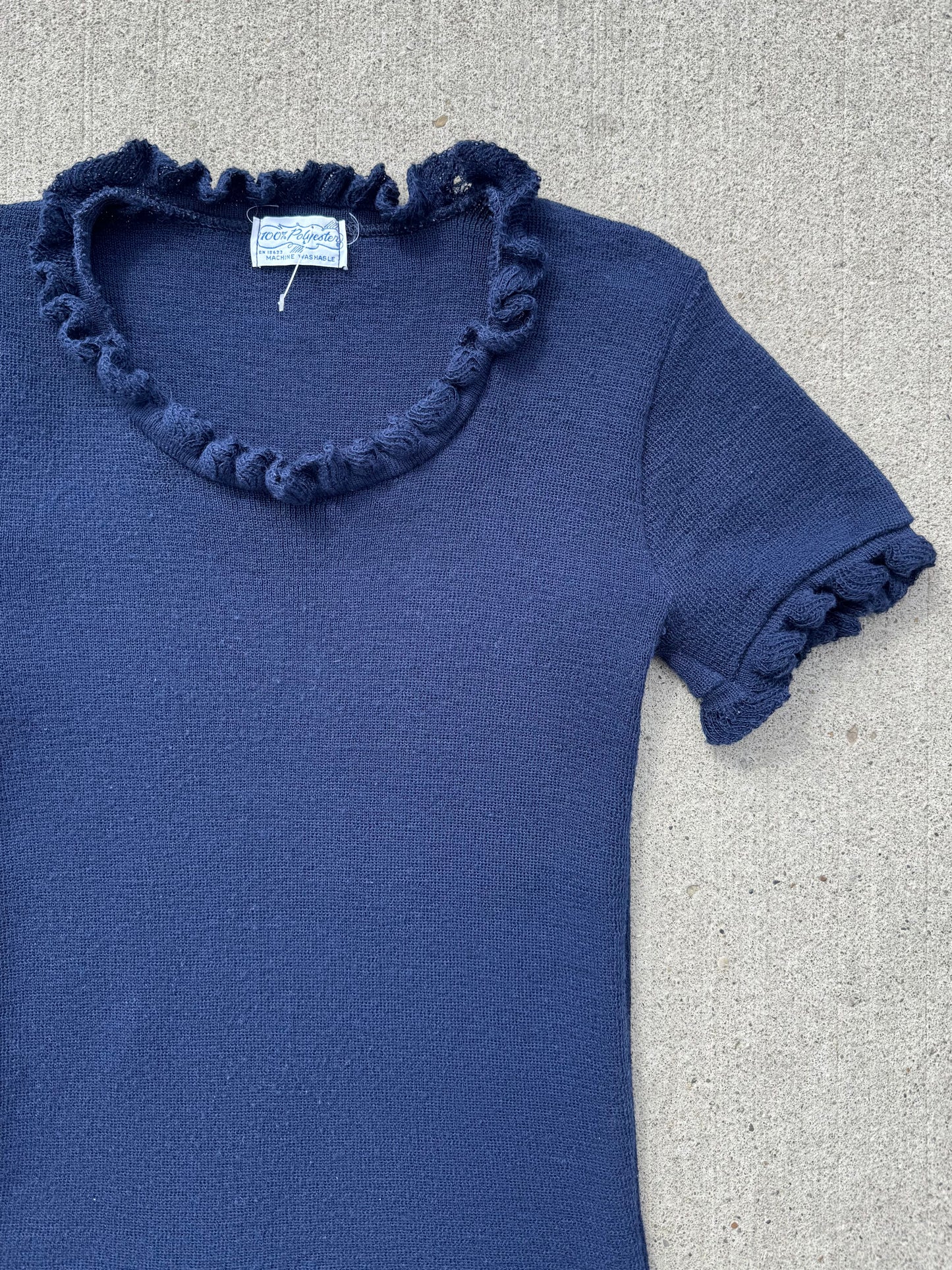 Vintage Navy Ruffle Trim Short Sleeve Fitted Sweater | Small