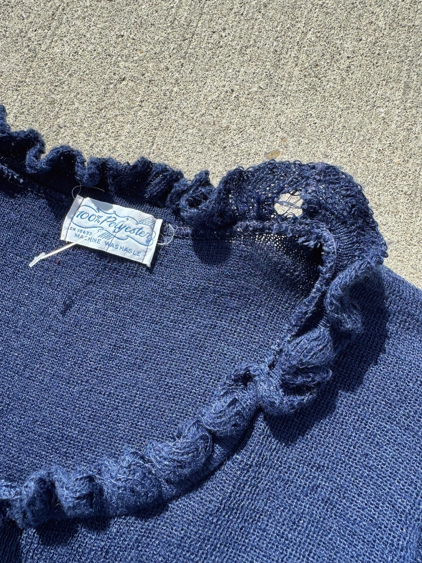Vintage Navy Ruffle Trim Short Sleeve Fitted Sweater | Small