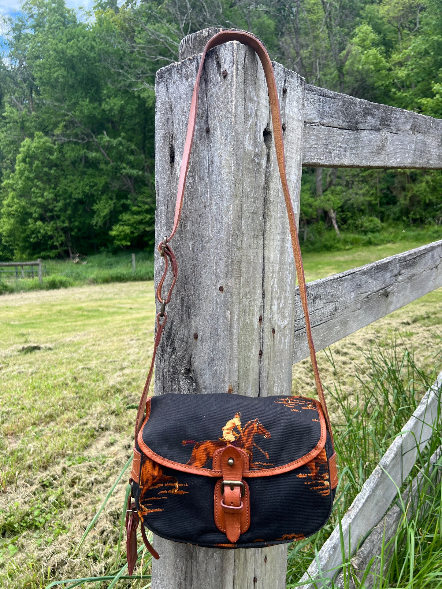 90's Ralph Lauren Equestrian Print Canvas and Leather Crossbody Purse