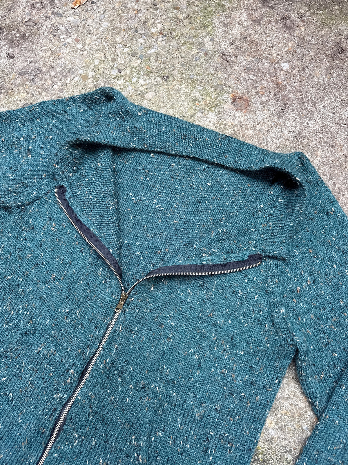 Vintage 1980's Handmade Green Speckled Knit Zip Up Sweater Jacket
