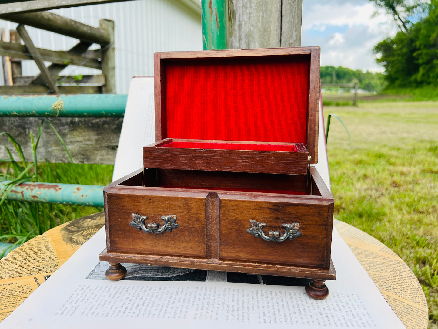 60's Wood Red Velvet Interior Jewelry Box