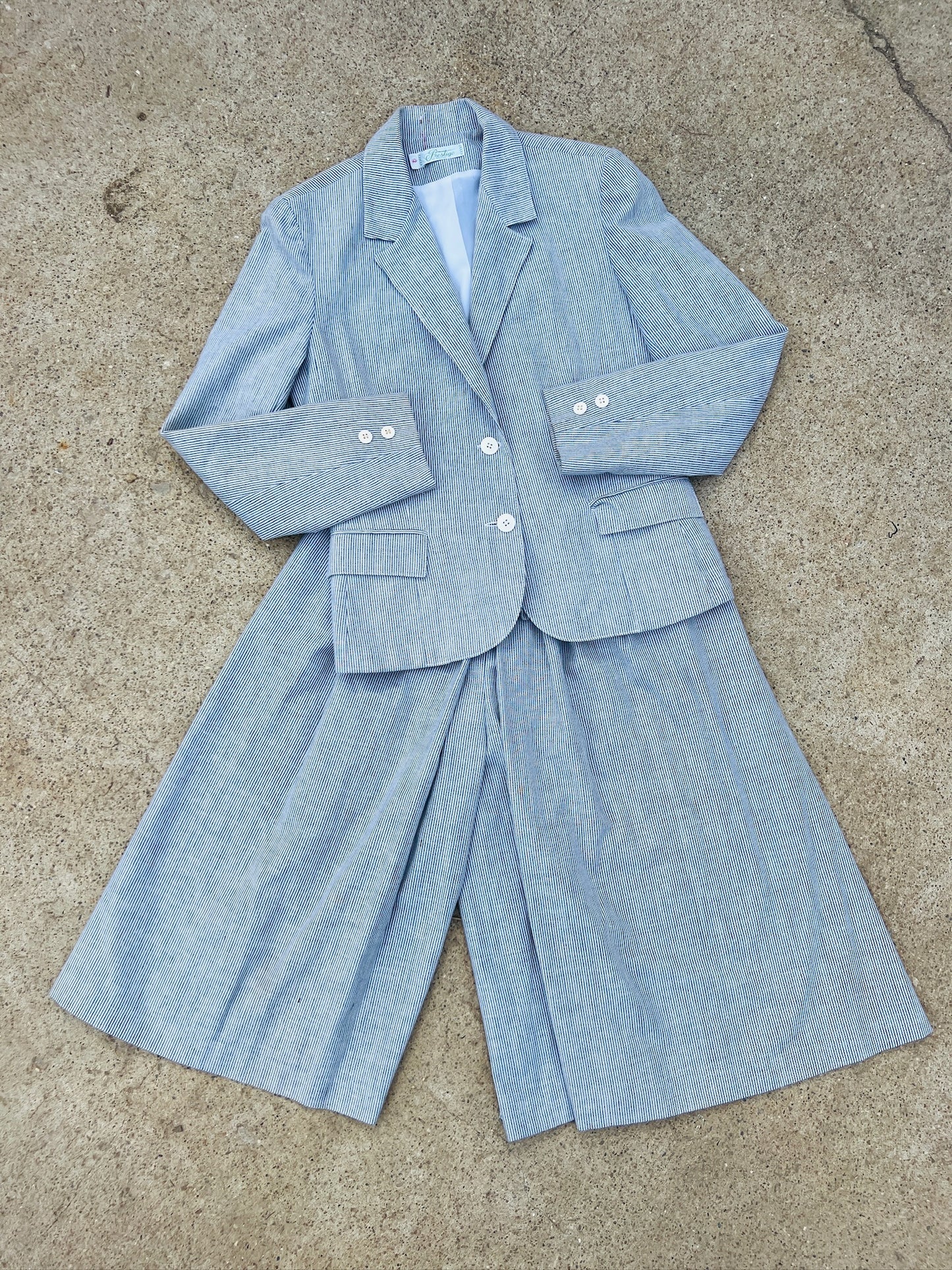 Vintage 1980s Prestige of Boston Pinstripe Two-Piece Culotte Suit Set | S/M