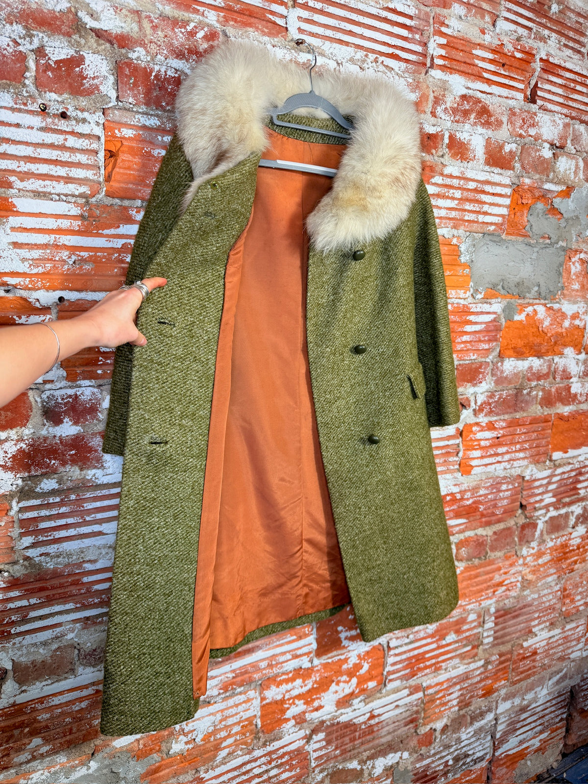 Vintage Green Speckled Wool & White Fox Fur Trim Coat