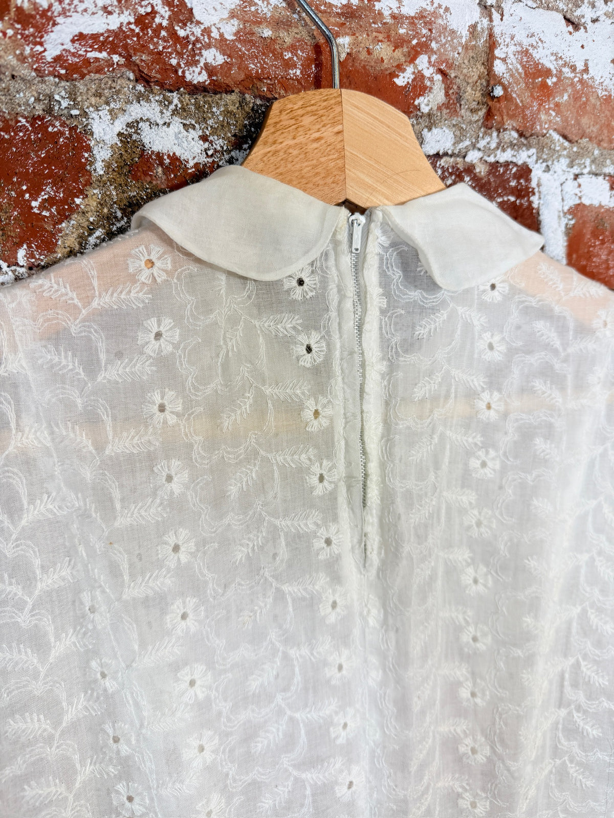 Antique 1930's White Eyelet Pattern Organza Collared Dress