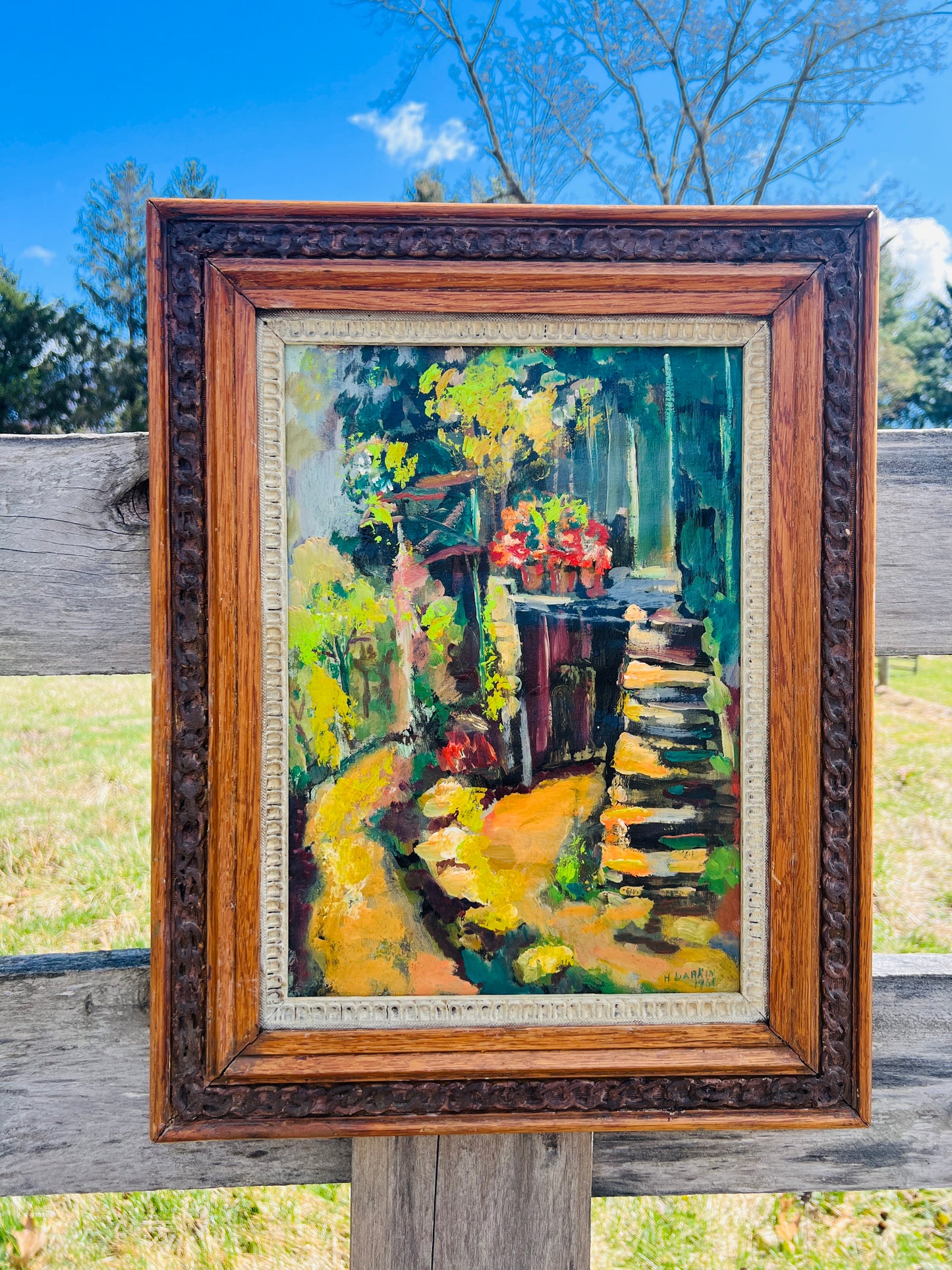 Antique Framed Abstract Landscape Oil on Canvas Painting