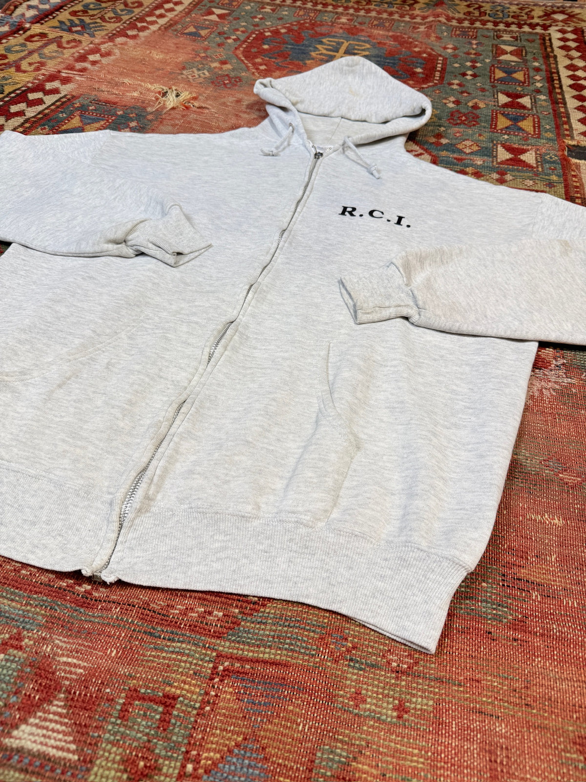 Vintage 1980s Jerzees Grey R.C.I. Reliable Carries Zip-up Hoodie | XL