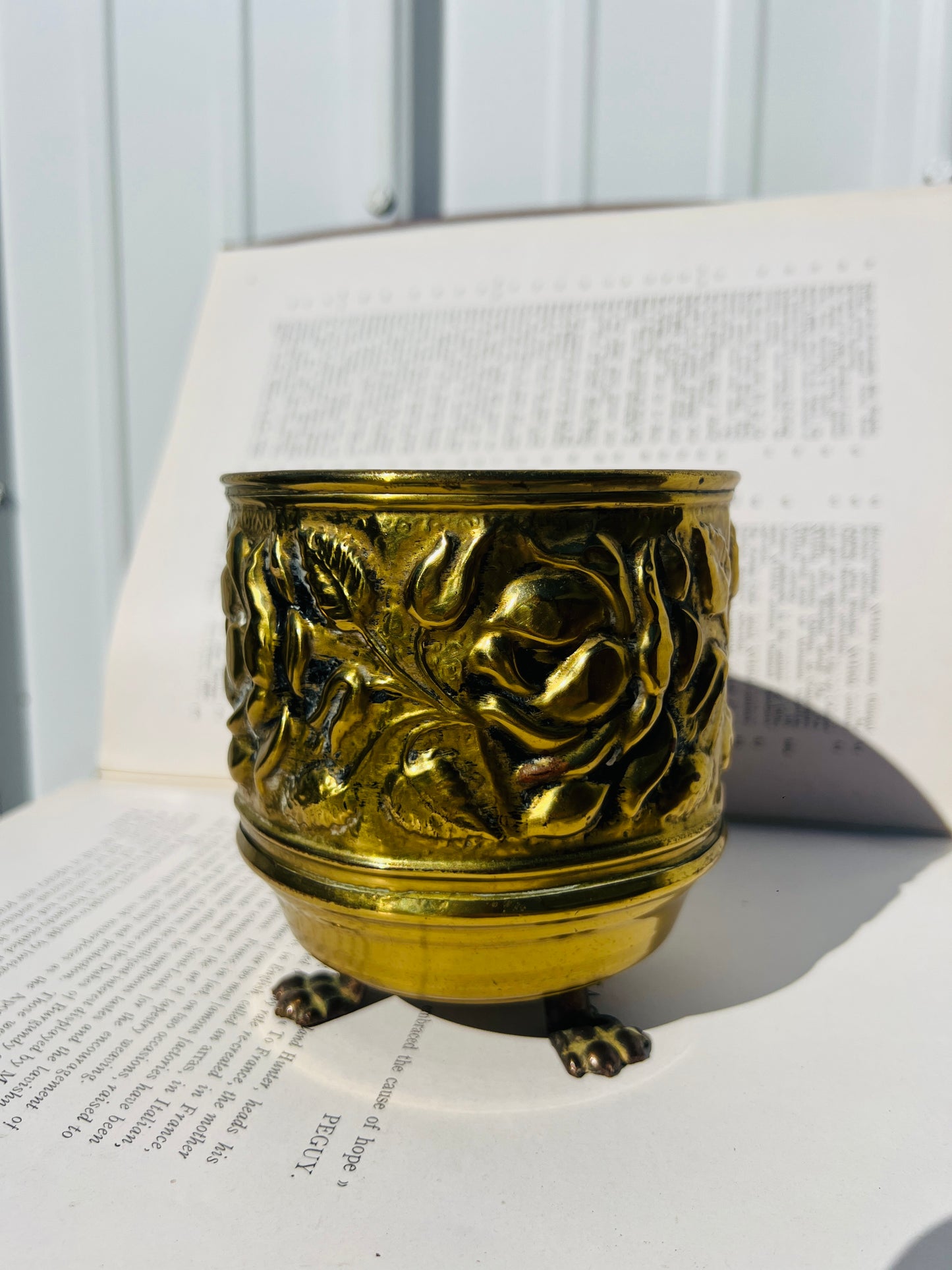 Vintage 1950s Brass Embossed Clawfoot Planter