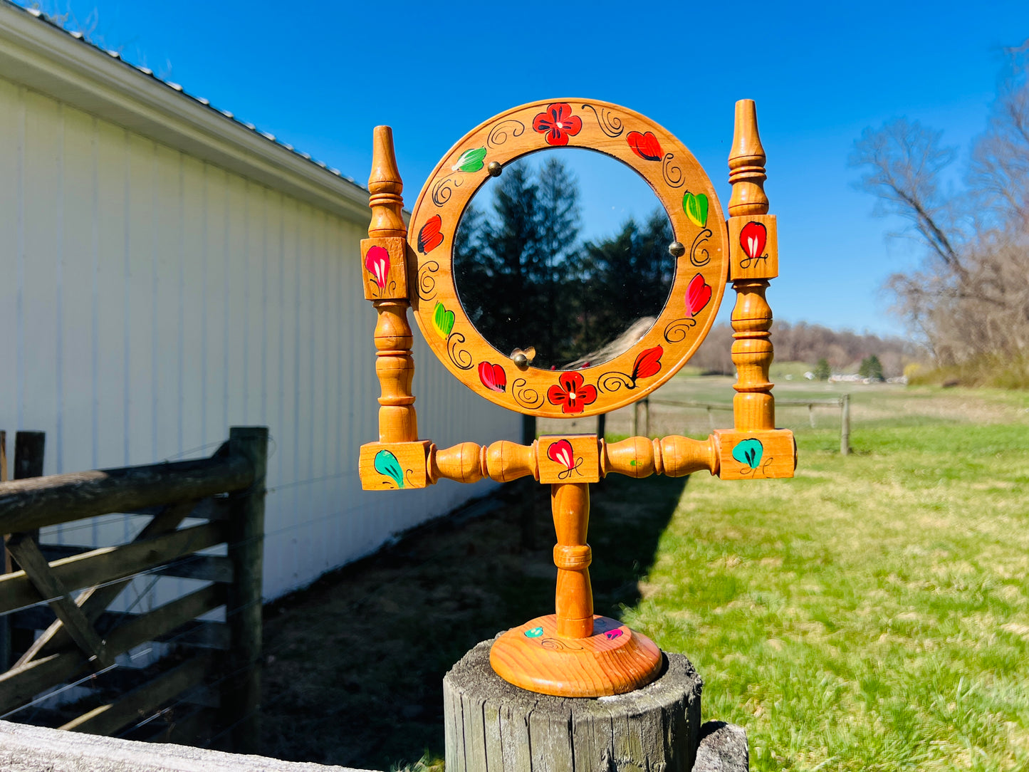Wood Carved Mexico Painted Folk Art Vanity Mirror