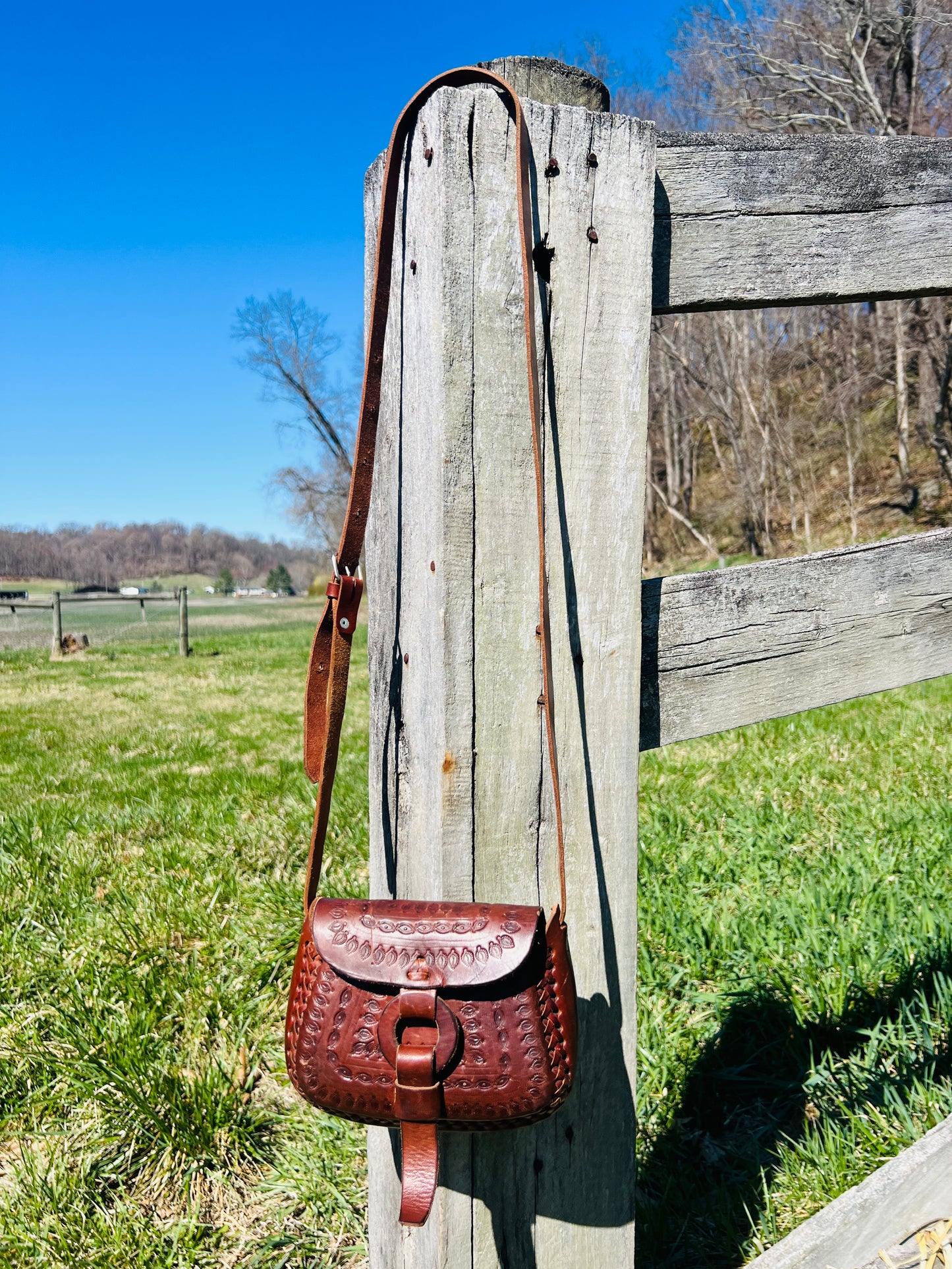 Vintage 1960s Hand-Tooled Brown Leather Purse