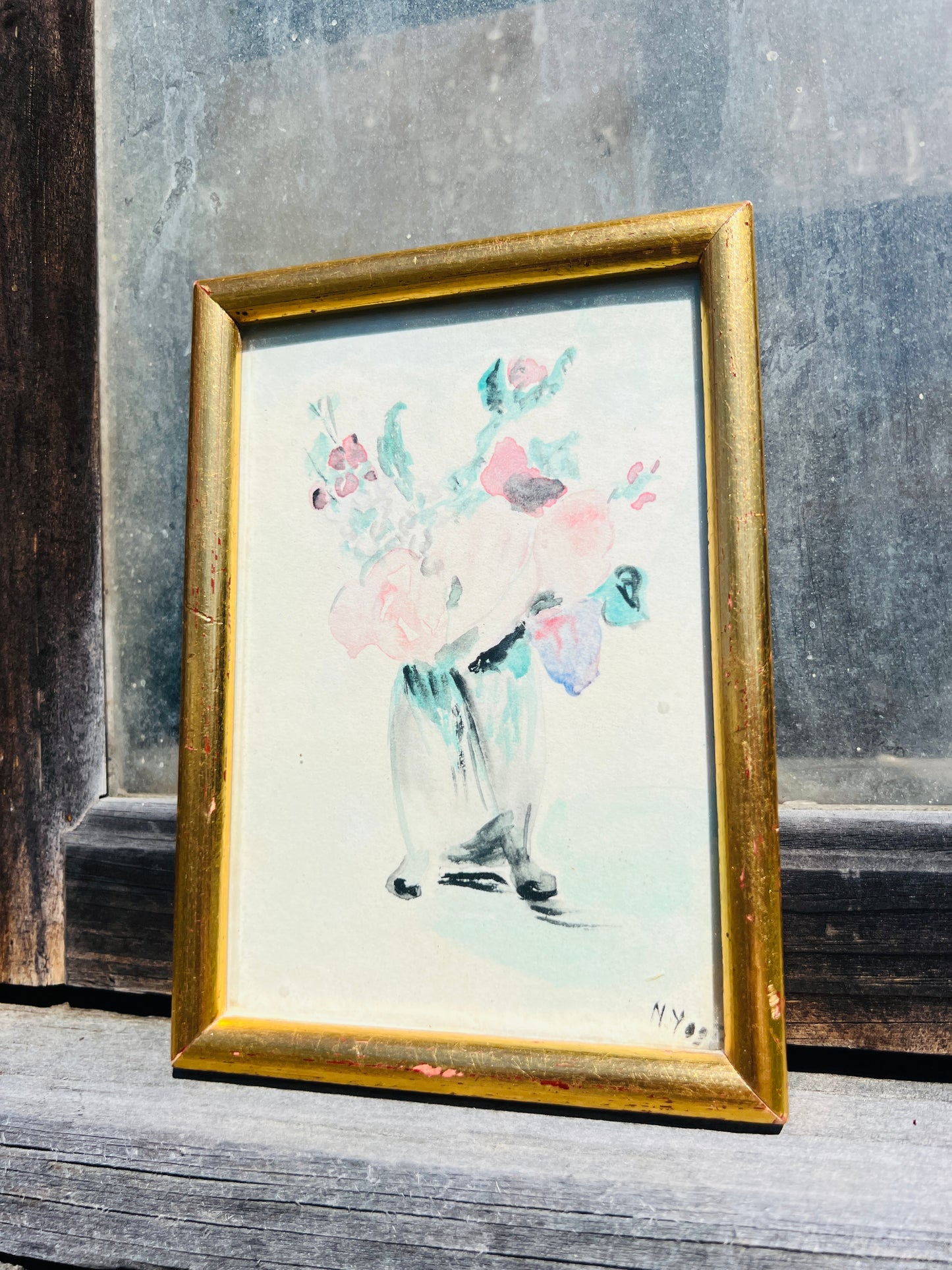 Vintage 1950s Gold Framed Floral Watercolor | Signed