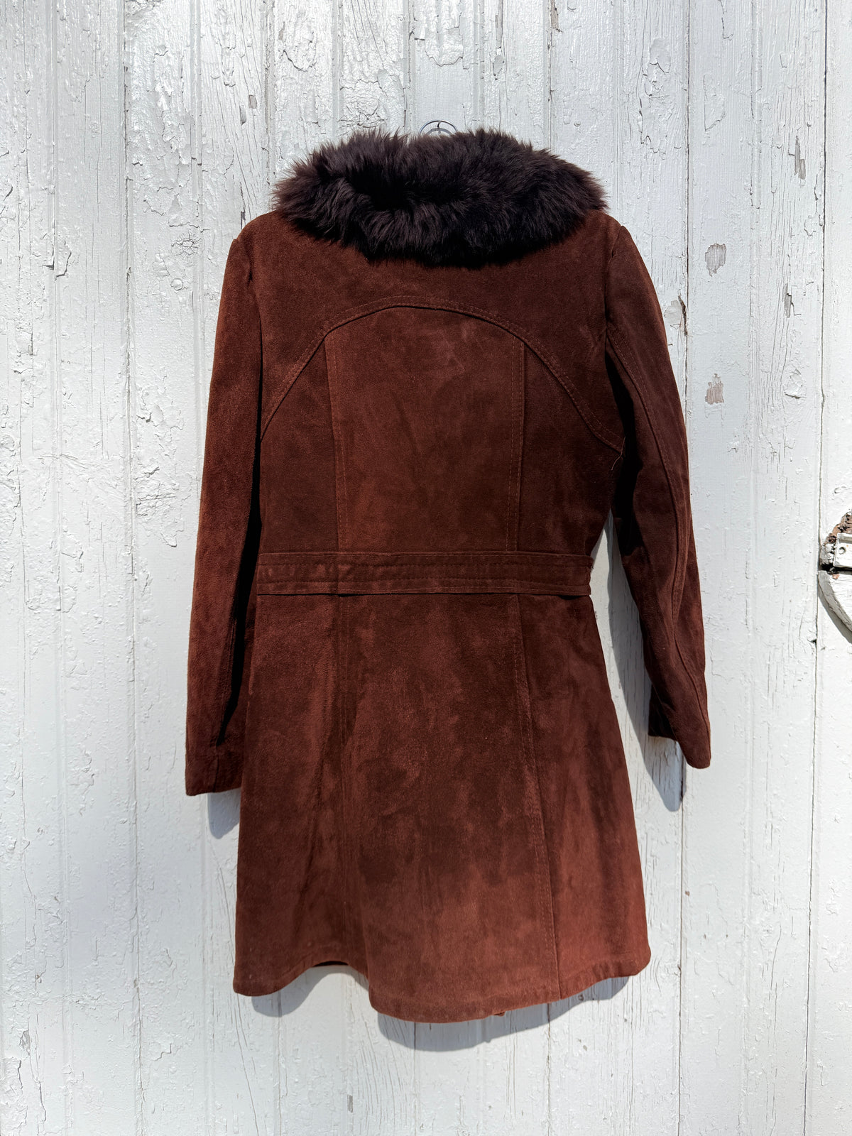 Vintage 1970s-80s Brown Suede with Faux Fur Collar Belted Overcoat | 17/18