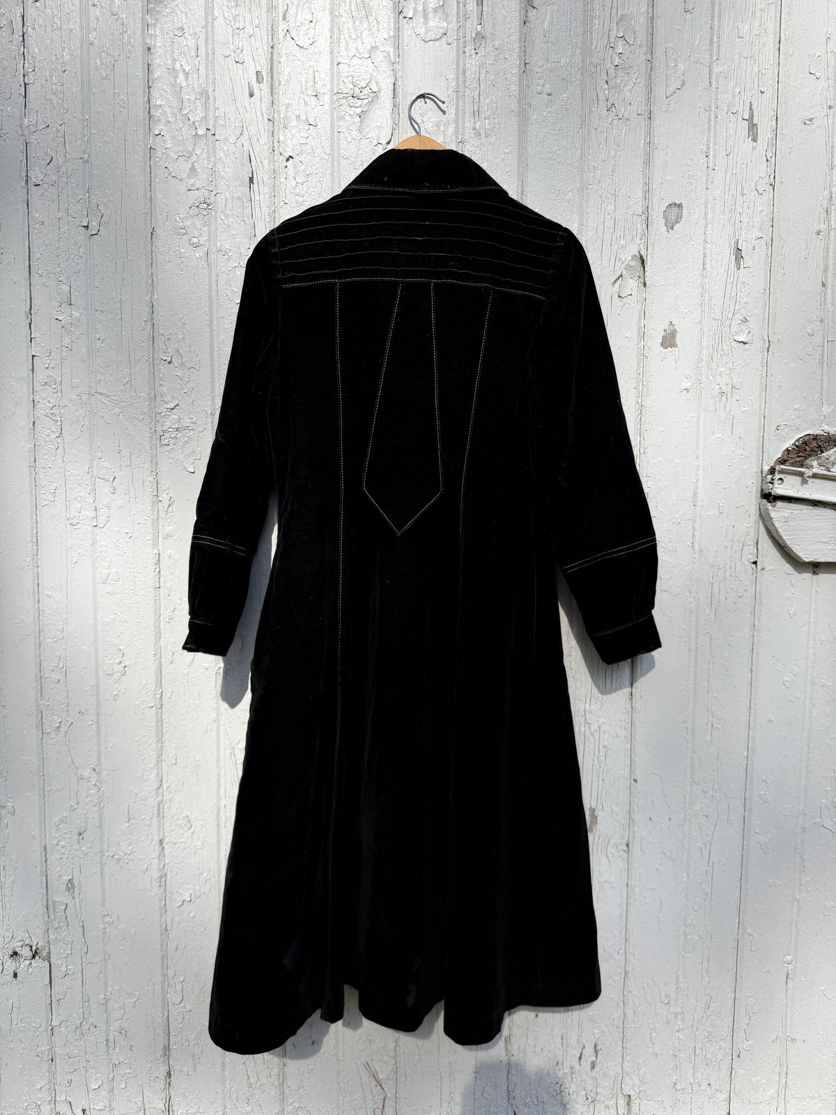 Vintage 1970s-80s Black Velvet White Contrast Stitching Long Coat