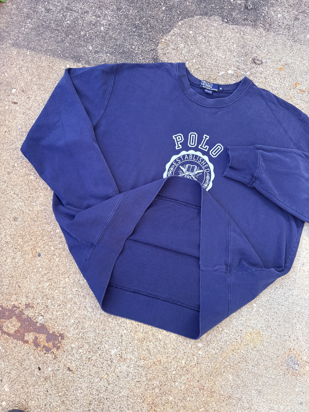 Vintage 1990s Polo Ralph Lauren Navy Blue Cotton University Crewneck | XL