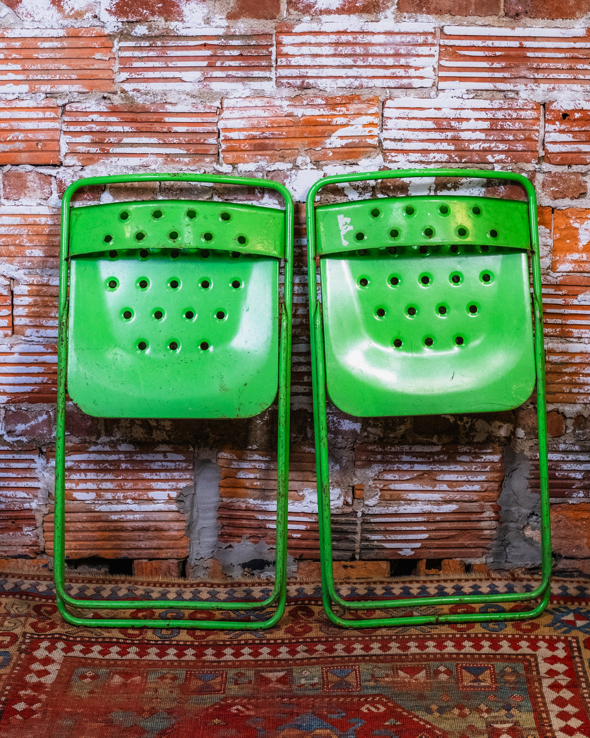 Vintage Parisian Bistro Green Metal Folding Chair Set of Two