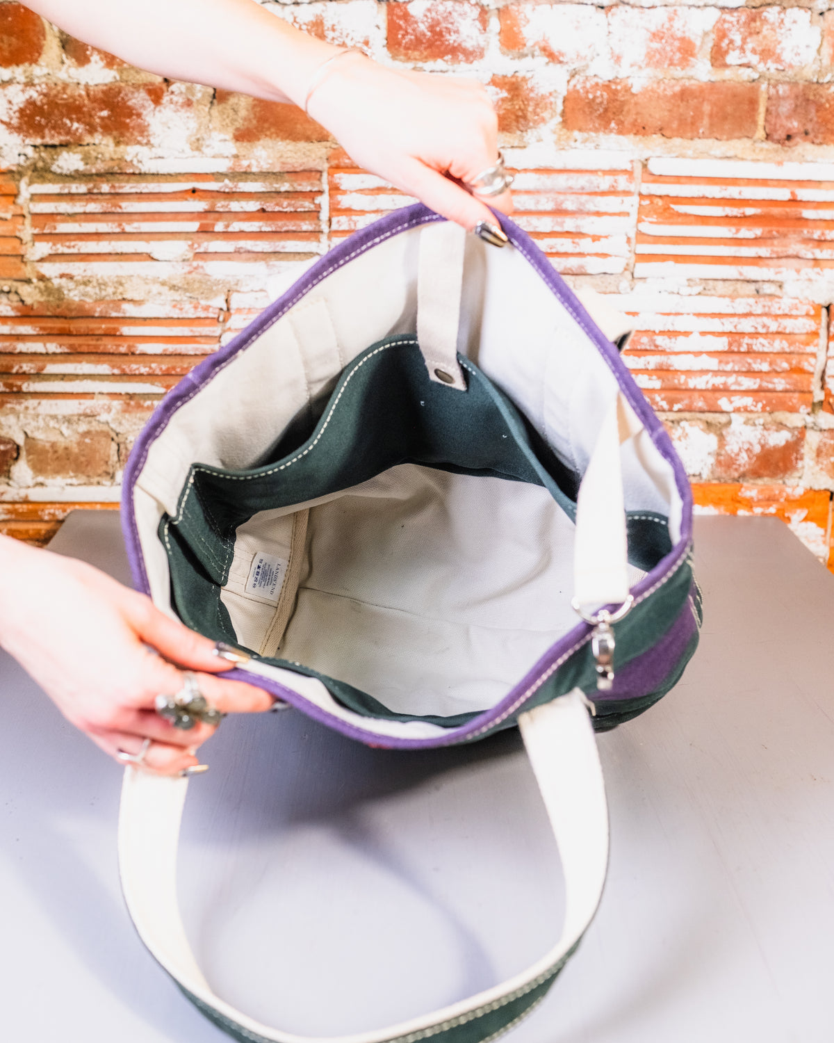 Lands' End Green and Purple Stripe Tote Bag