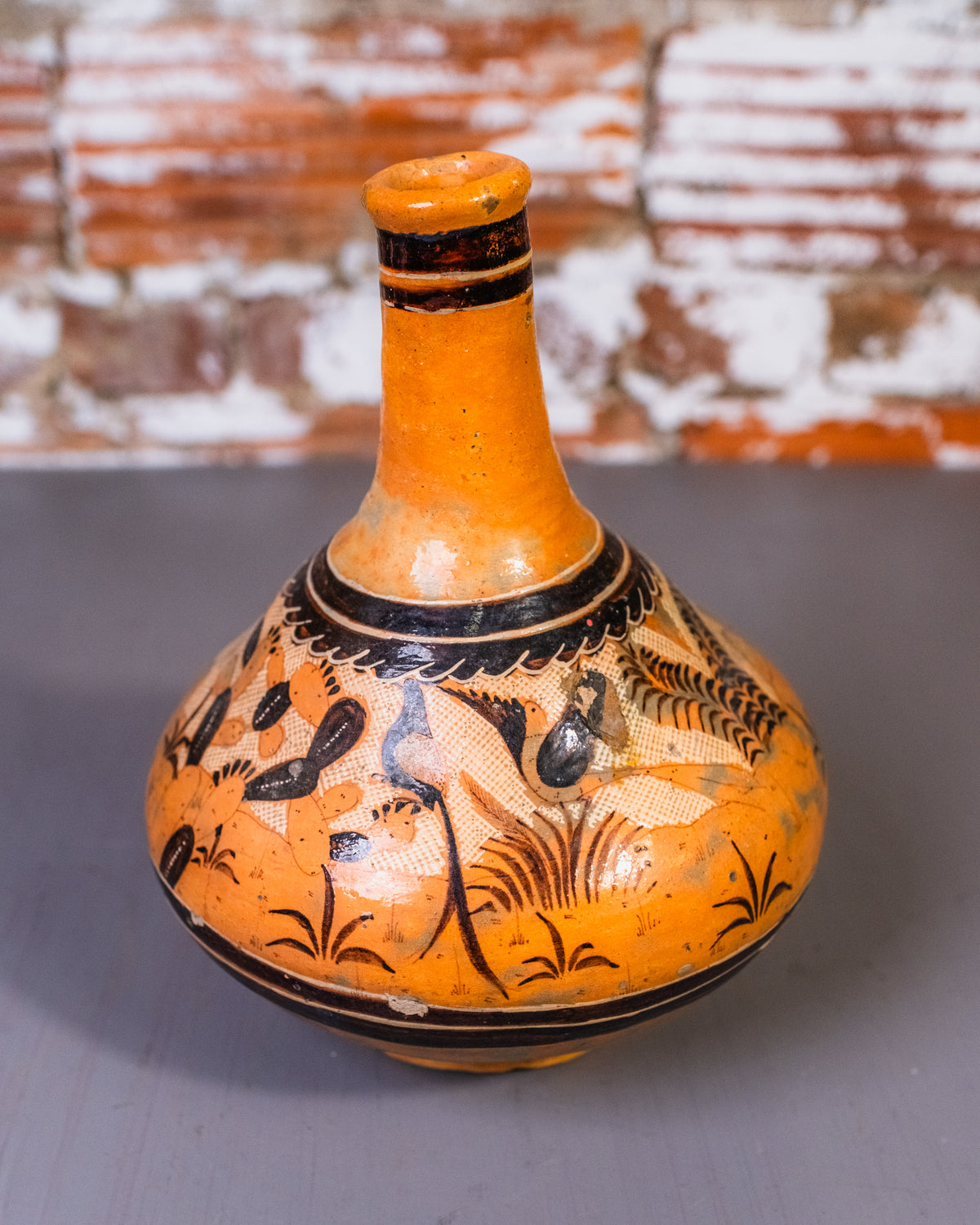Vintage "1946" Made in Mexico Vase Signed Glazed Terracota with Brown and White Scene