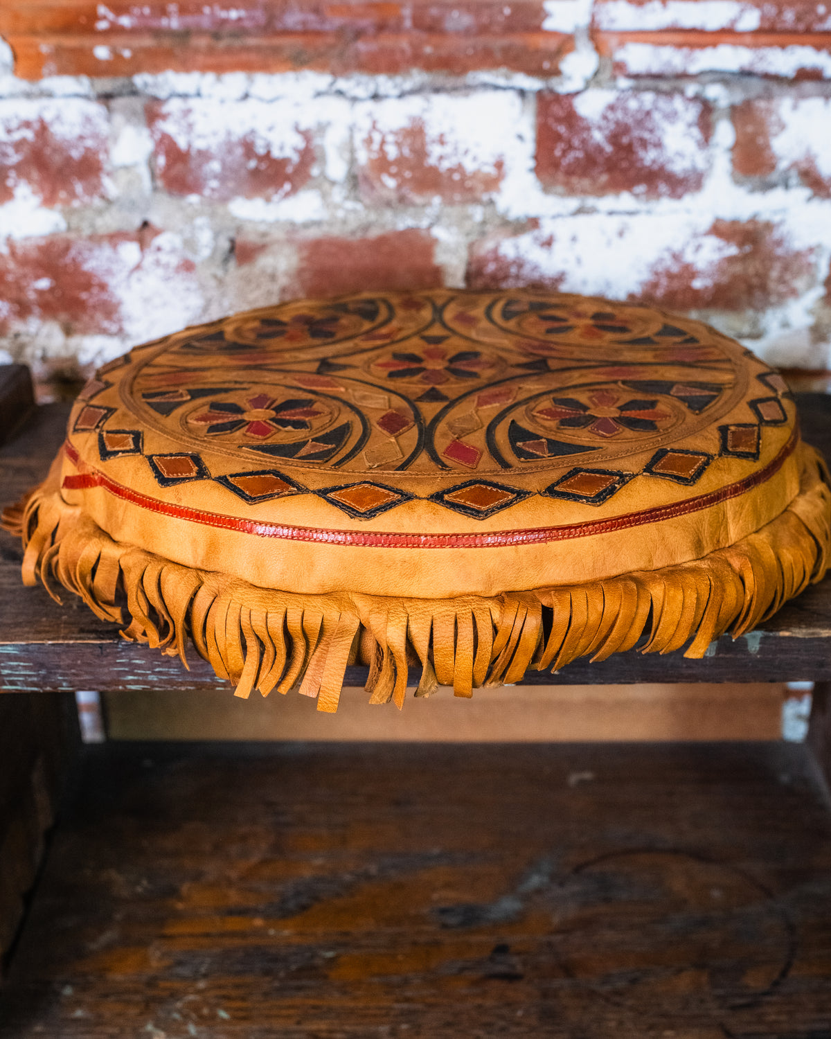 Vintage African Floral Medallion Leather Fringed Seat Cushion