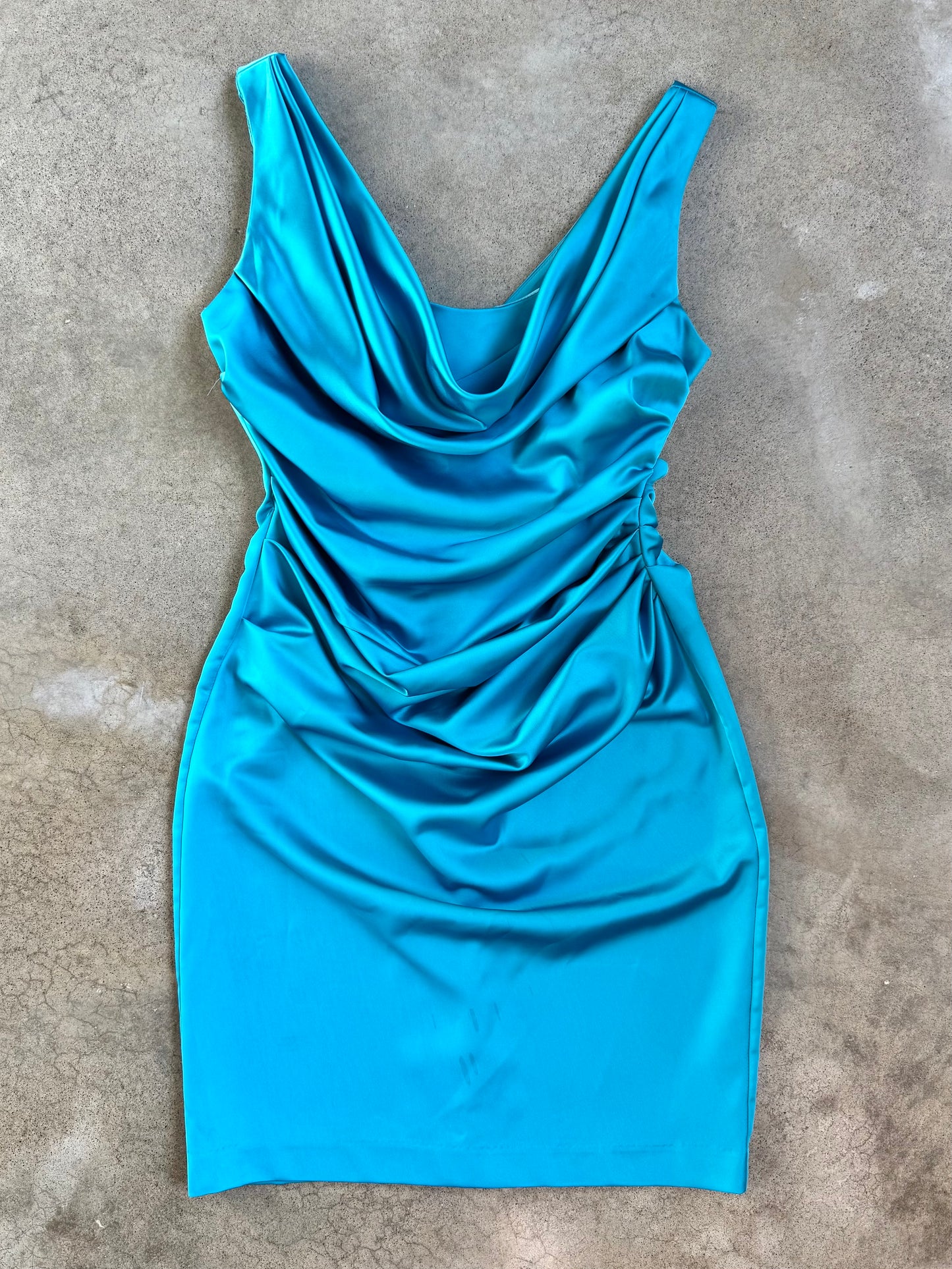 2000s David's Bridal Blue Satin Ruched Formal Mini Dress | Medium