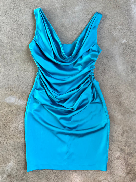 2000s David's Bridal Blue Satin Ruched Formal Mini Dress | Medium