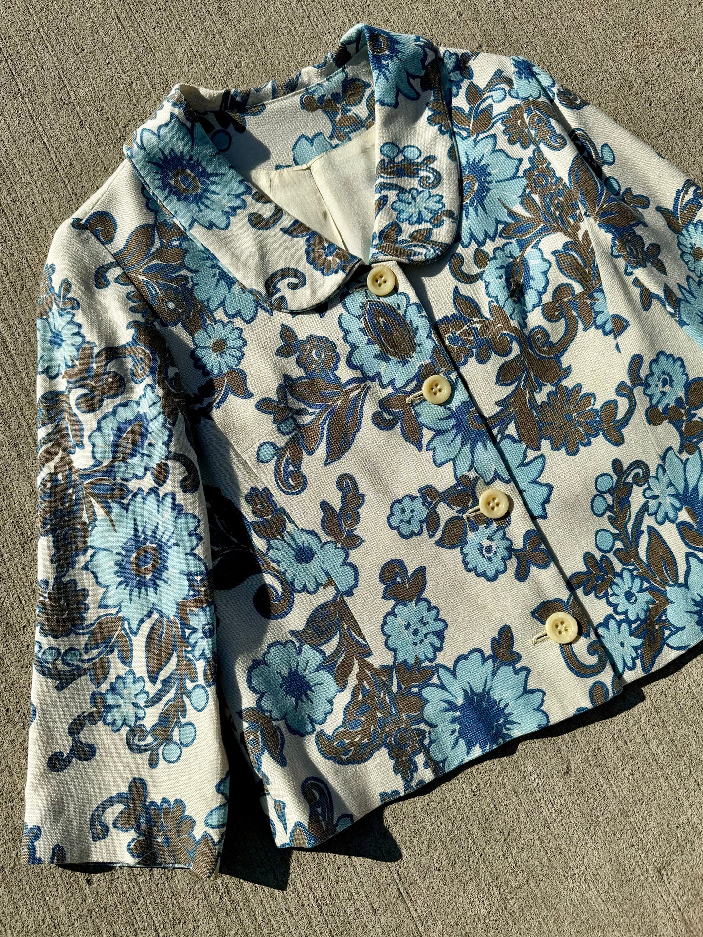 Vintage 1960s Blue Floral Buttoned Short Jacket | S/M