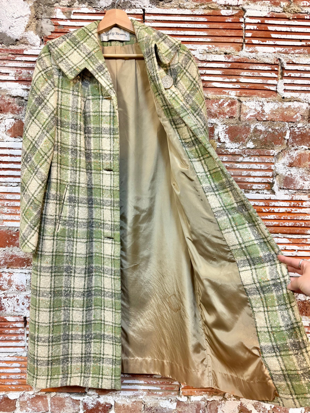 Vintage 1960s Betty Rose Green Plaid Wool Tweed Overcoat | S/M