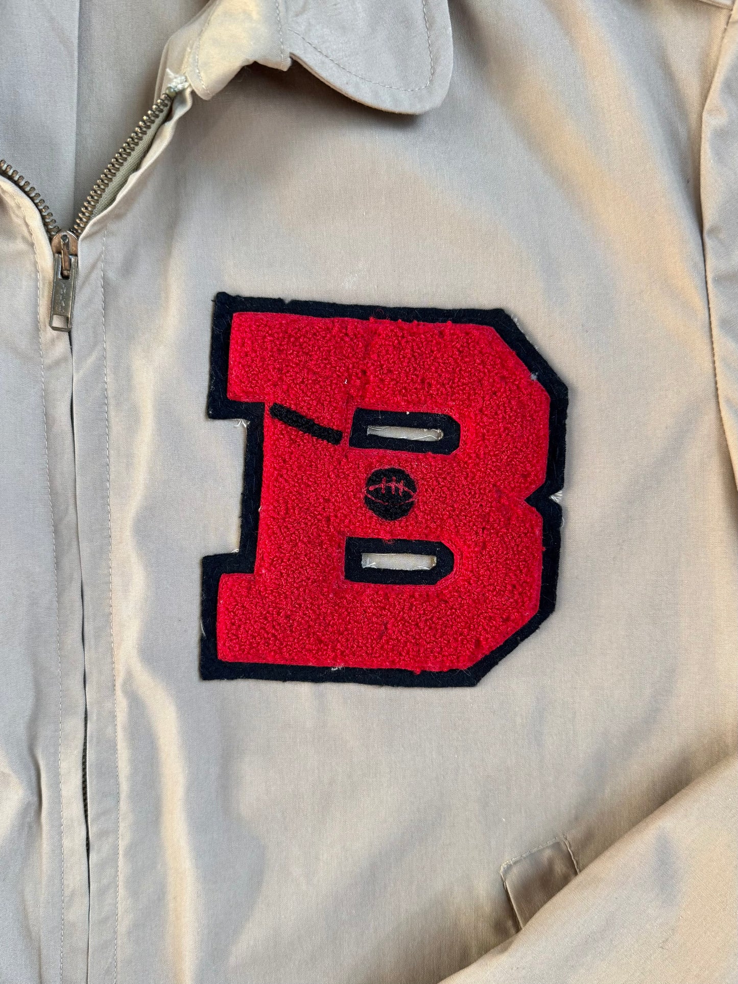 Vintage 1970s Creighton U.S. Navy Tan Zip-Up Windbreaker Jacket w/ Letterman Patch | Medium