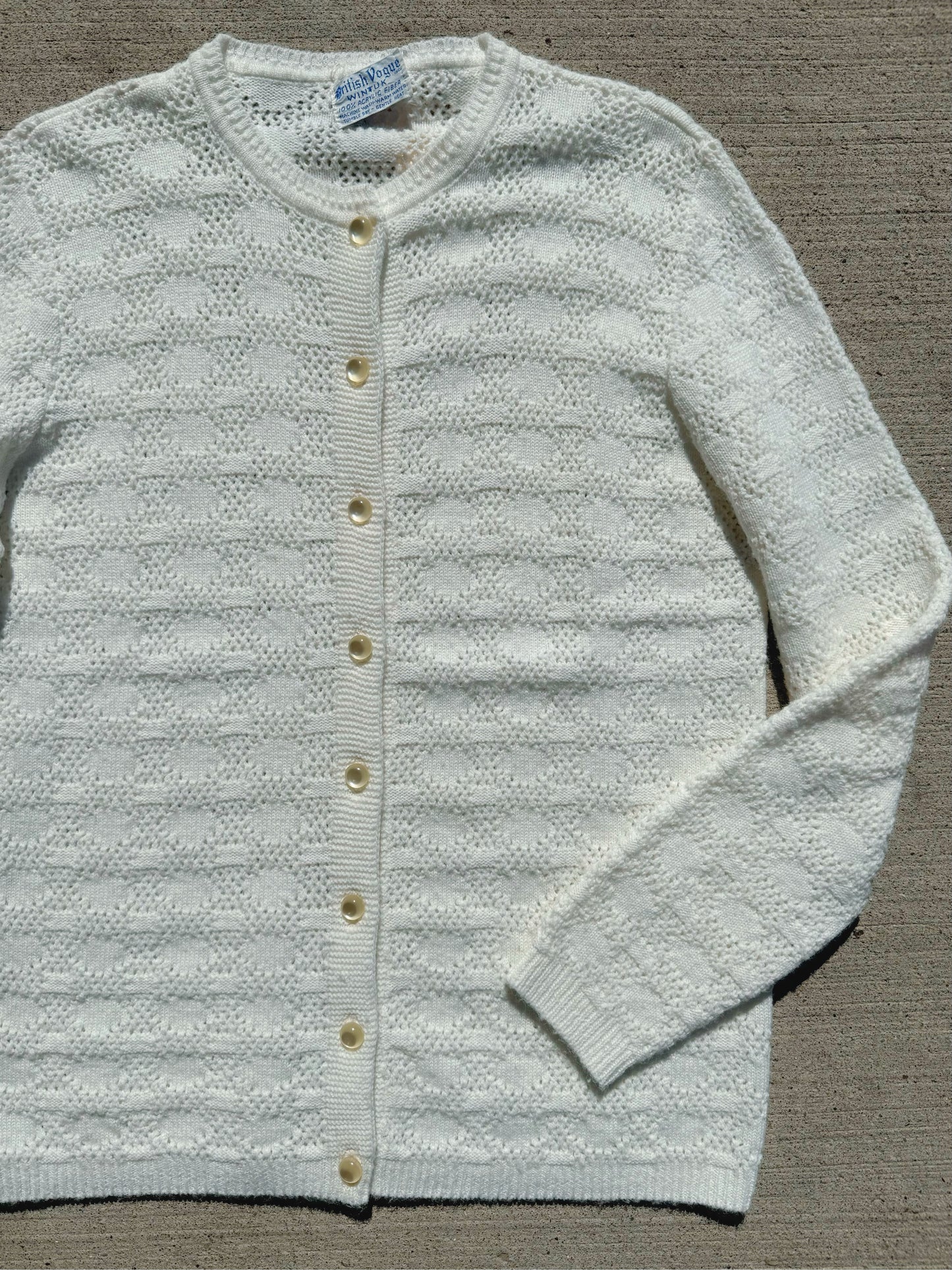 Vintage 1960s British Vogue Wintuk White Acrylic Knit Cardigan | Medium