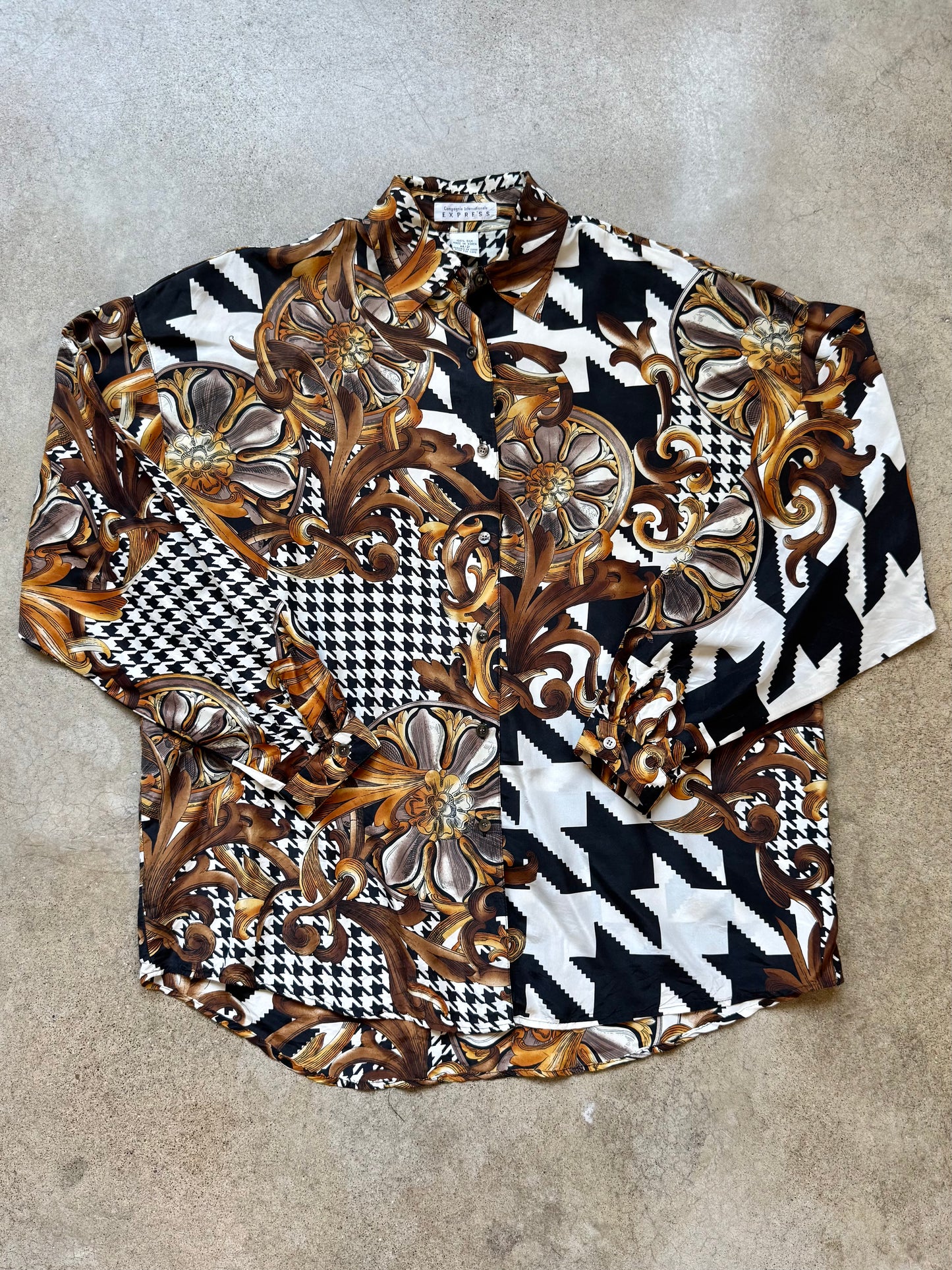 Vintage 1980s/90s Express Baroque Houndstooth Printed Silk Blouse | Medium