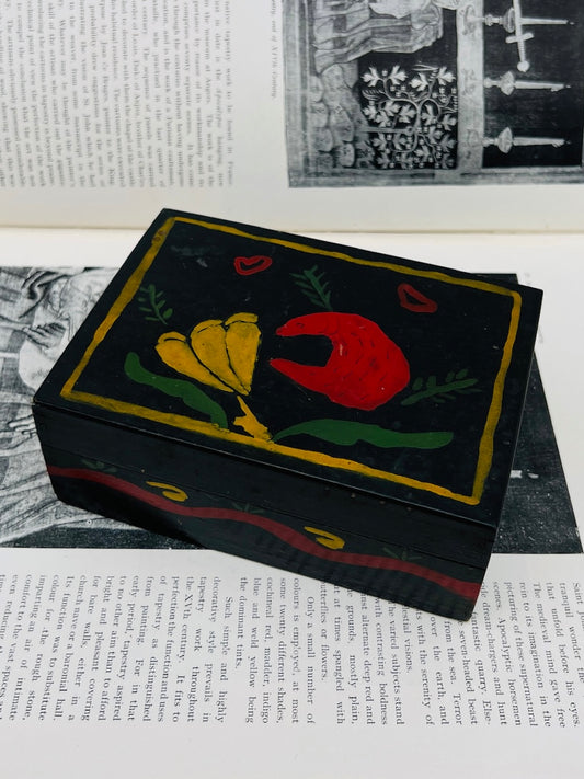 Antique Scandinavian Wood Hand Painted "Bear and Flower" Box