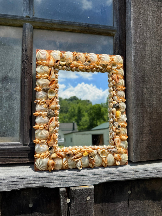 Vintage 1950s Seashell Frame Folk Art Wall Mirror