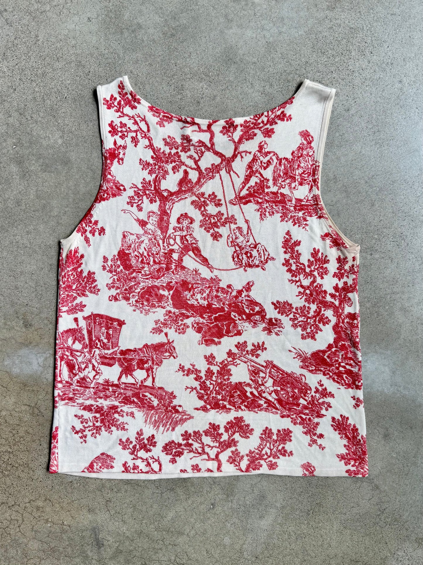Vintage 1990s August Silk Red & Cream Toile Print 100% Silk Knit Tank Top | Medium