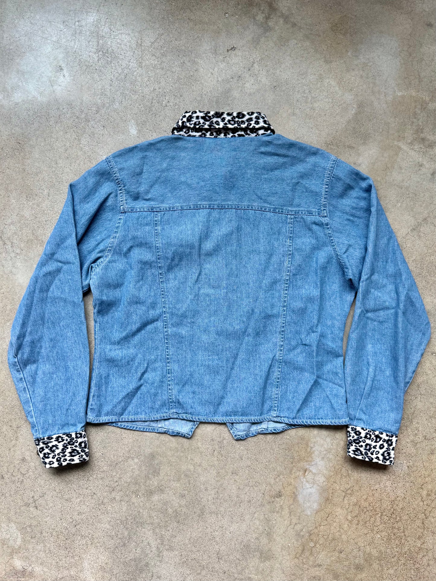 Vintage 1990s Bill Blass Leopard Print Trim Denim Shirt | Medium