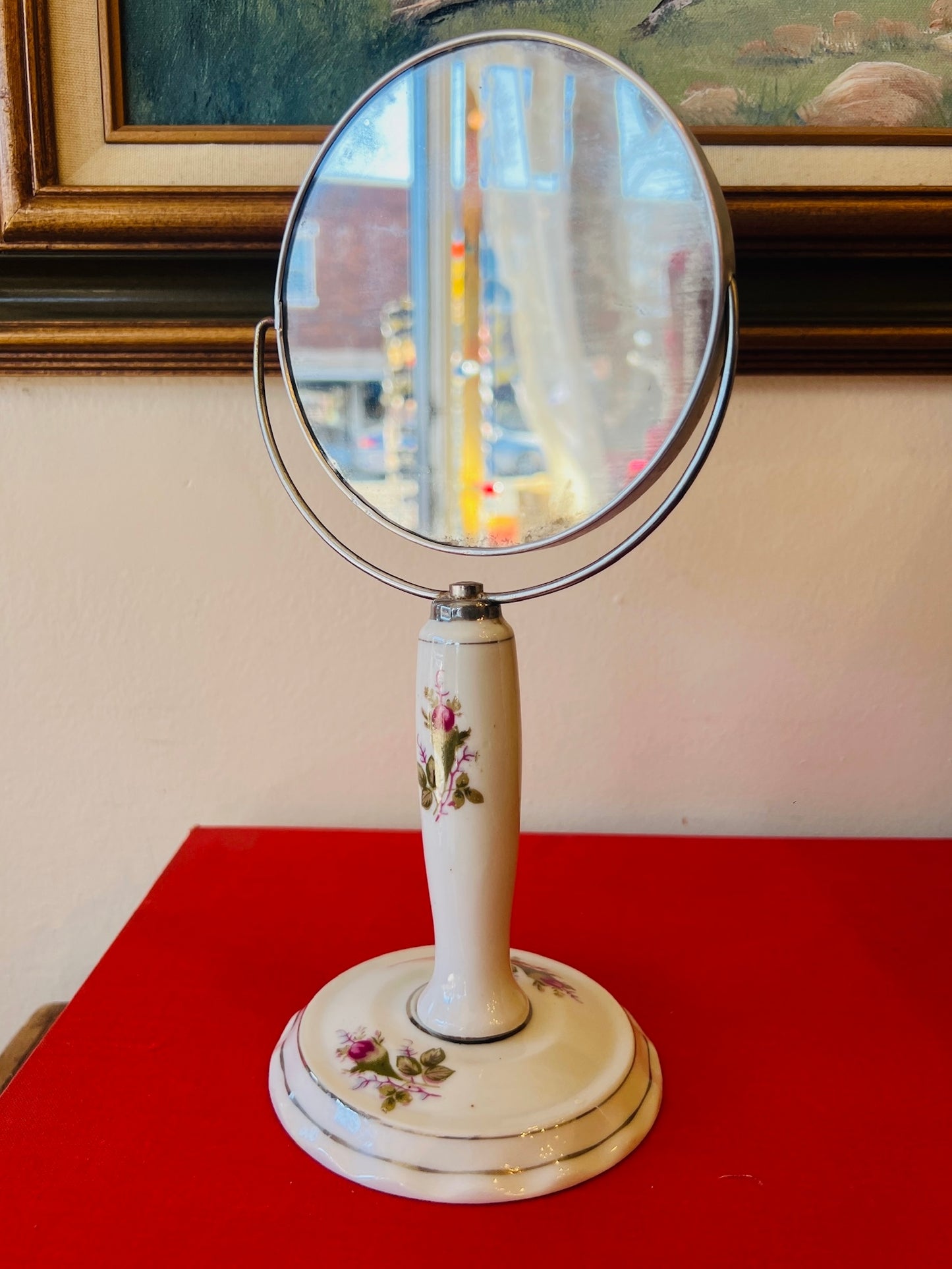 Vintage 1950s Ceramic Floral Two Sided Vanity Makeup Mirror