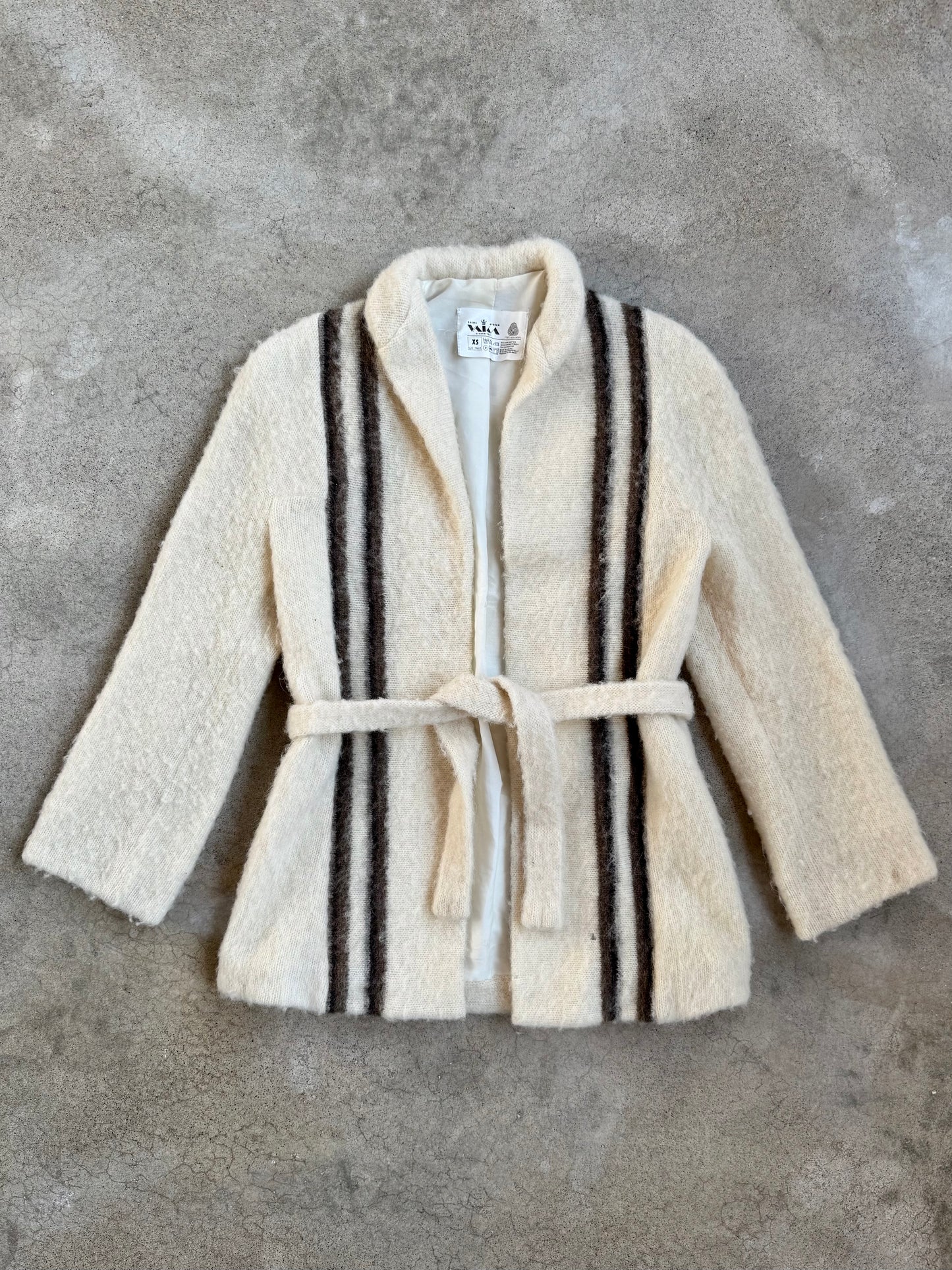 Vintage 1970s Vaka Icelandic 100% Wool Neutral Stripe Tie-Waist Sweater Jacket | XS
