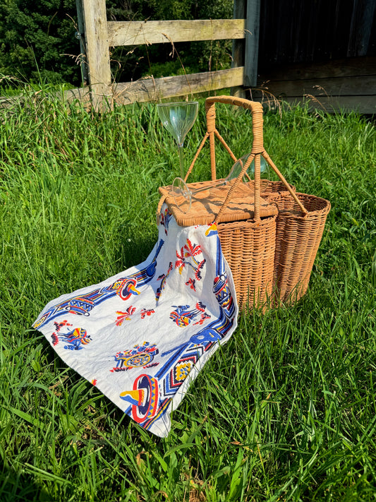 Vintage 1950s Wicker Woven Picnic Basket w/ Tablecloth & Glasses