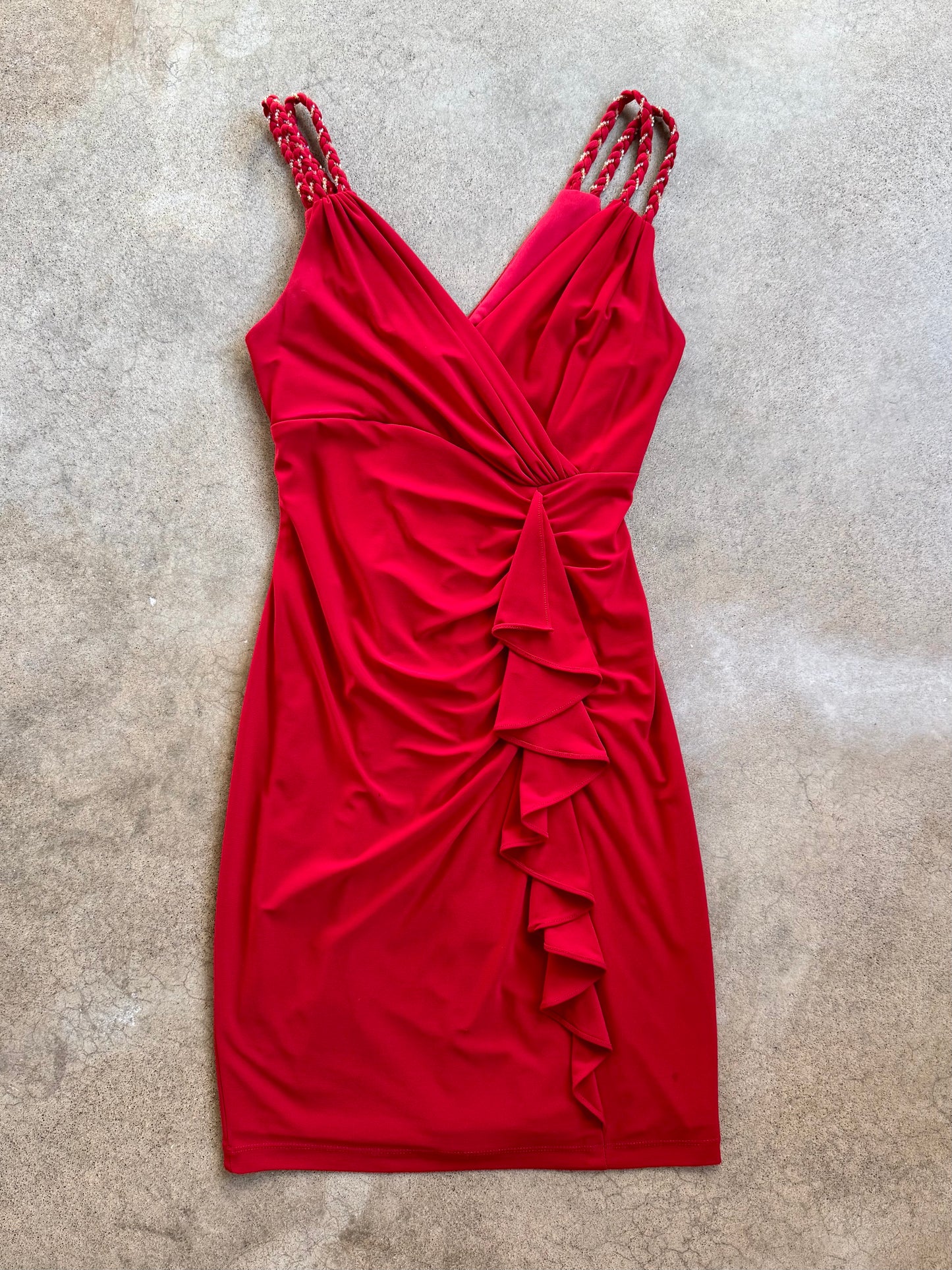 Vintage 1990s Cache Red Ruched Bodycon Formal Mini Dress | Small