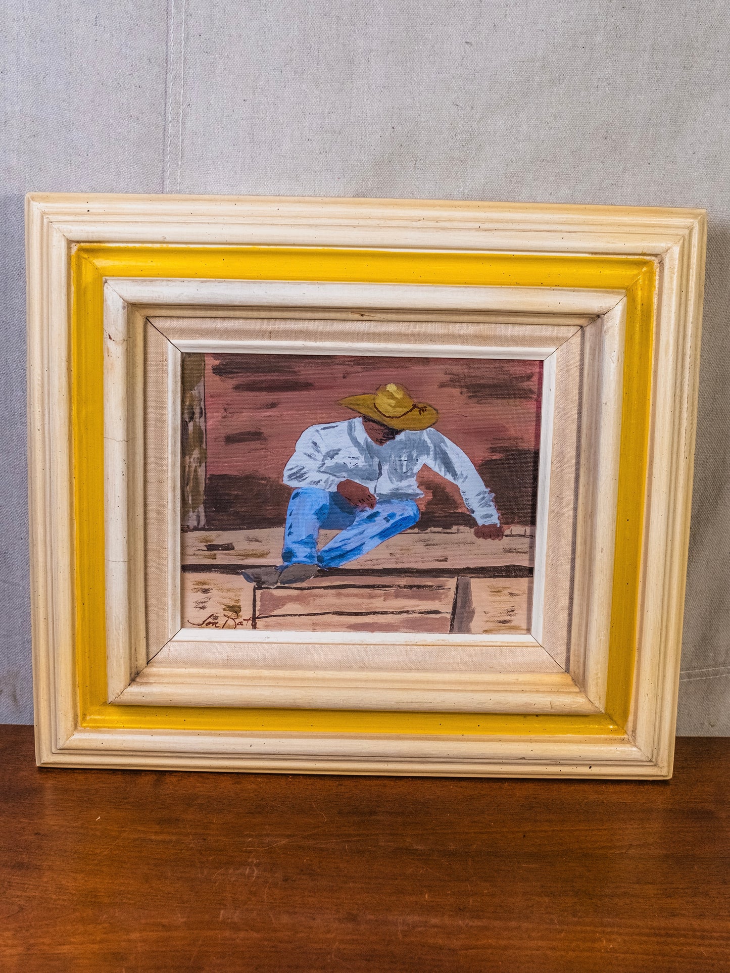 Vintage Framed Western “Seated Cowboy” Acrylic Painting | Signed