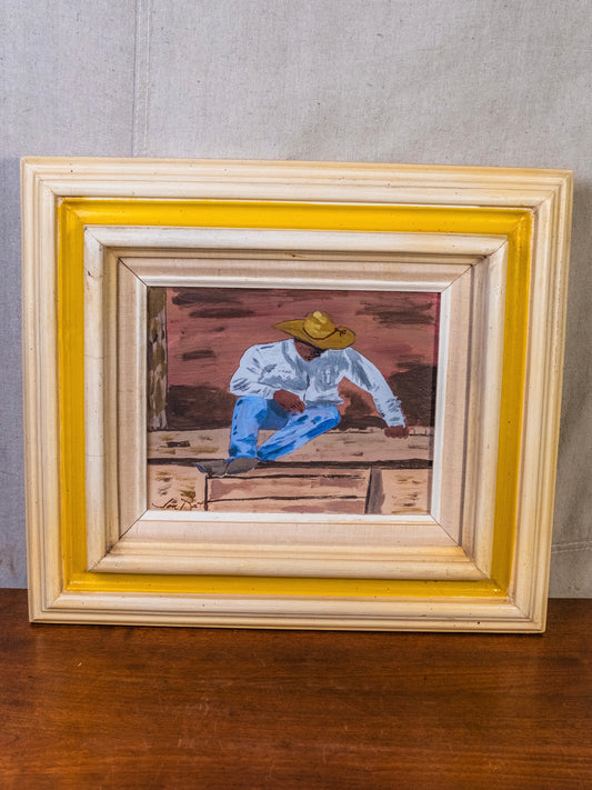 Vintage Framed Western “Seated Cowboy” Acrylic Painting | Signed
