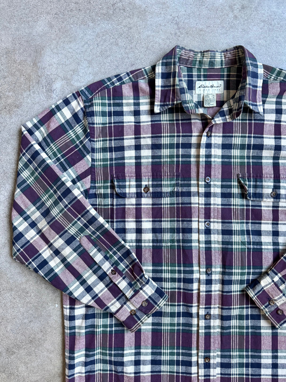 Vintage 1990s Eddie Bauer Dark Plaid Cotton Button-Up Shirt | Medium