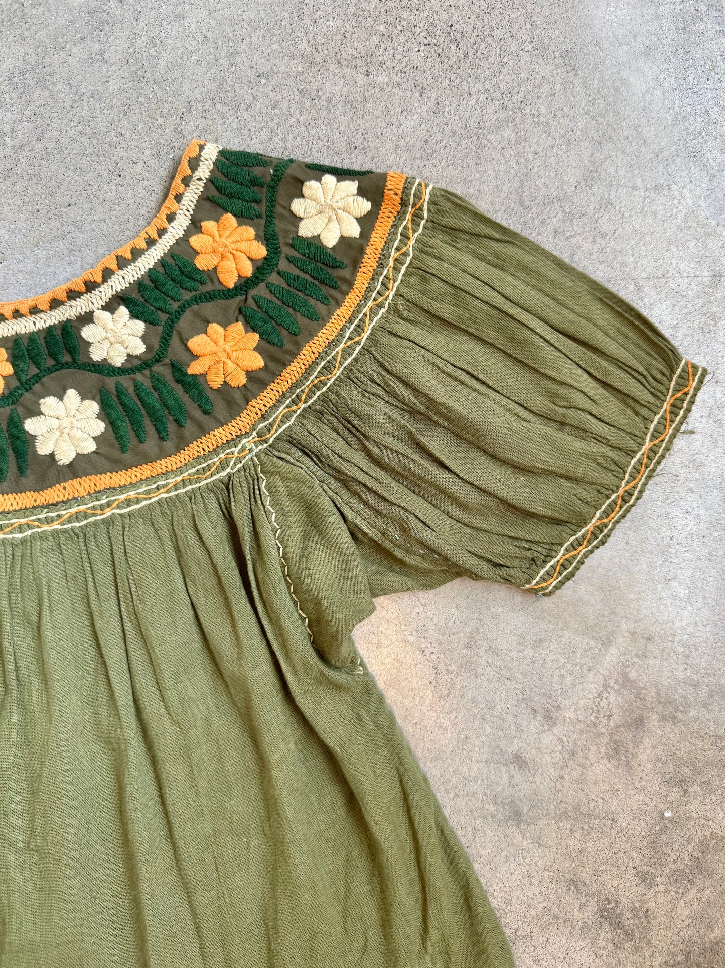 Vintage 1970s Green & Orange Floral Embroidered Peasant Blouse | S/M