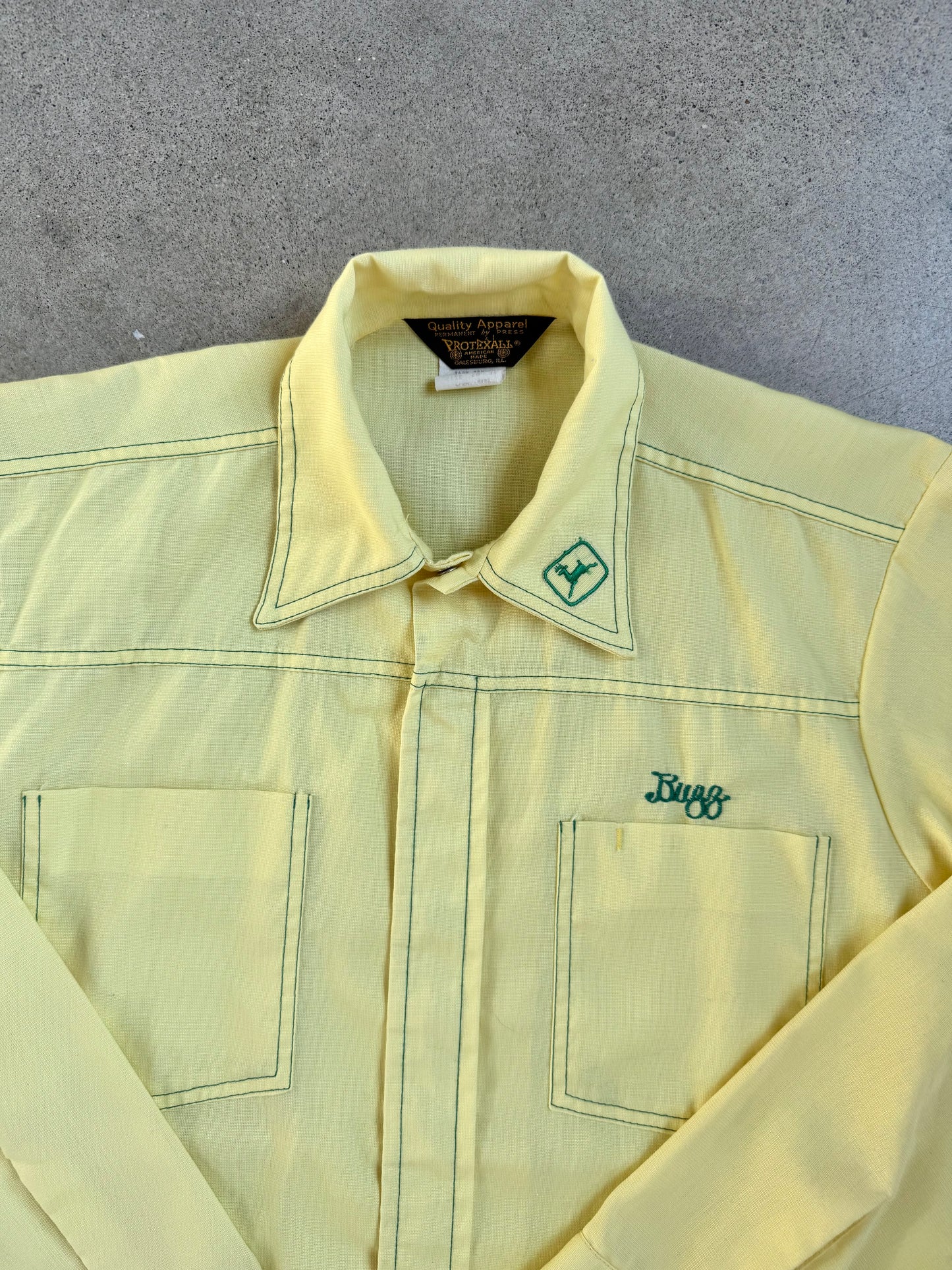 Vintage 1970s Yellow & Green "Buzz" Embroidered John Deere Button-Up Shirt | Small