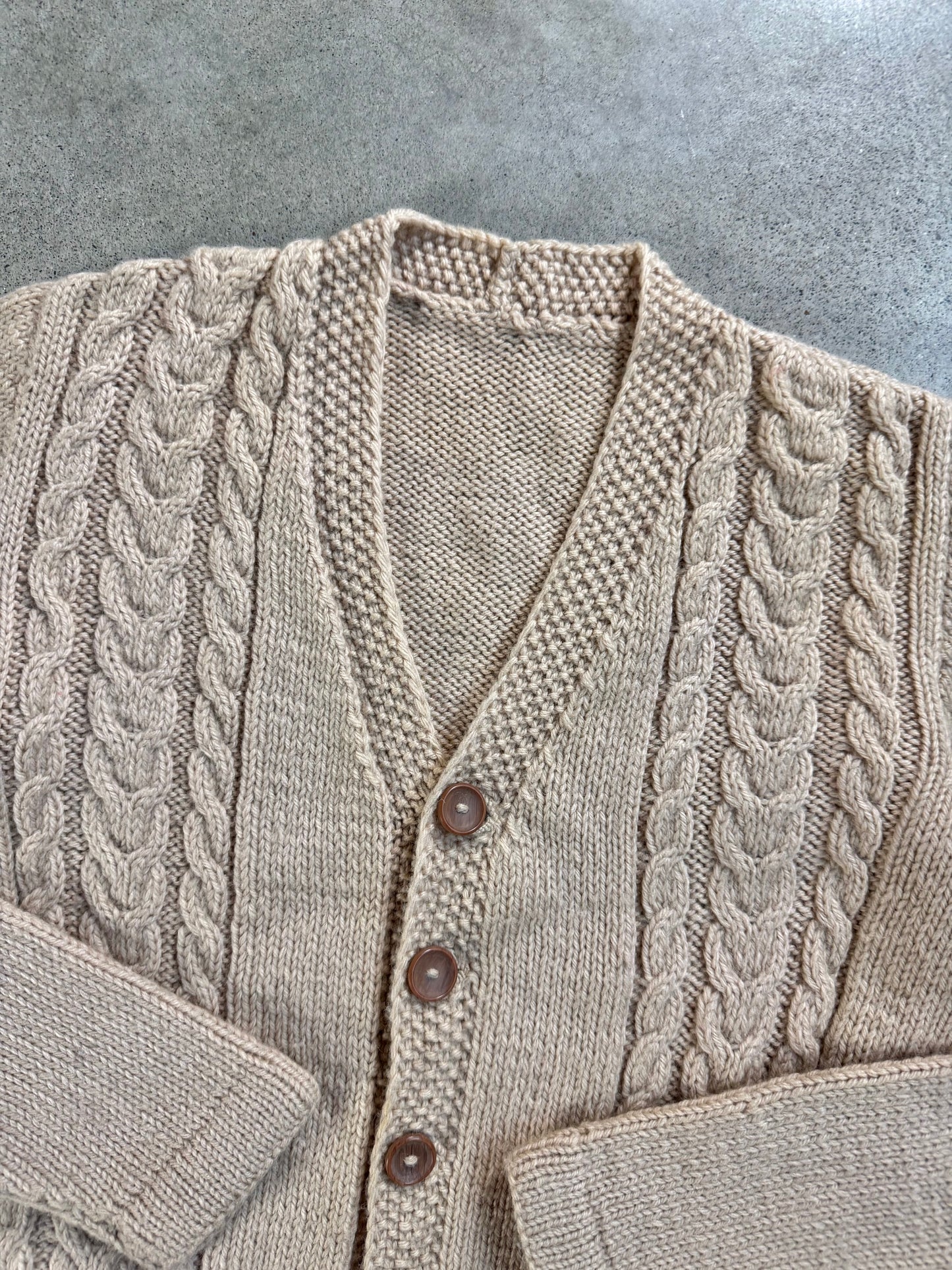 Vintage 1960s Beige Wool-Blend Cable Knit Cardigan | Small