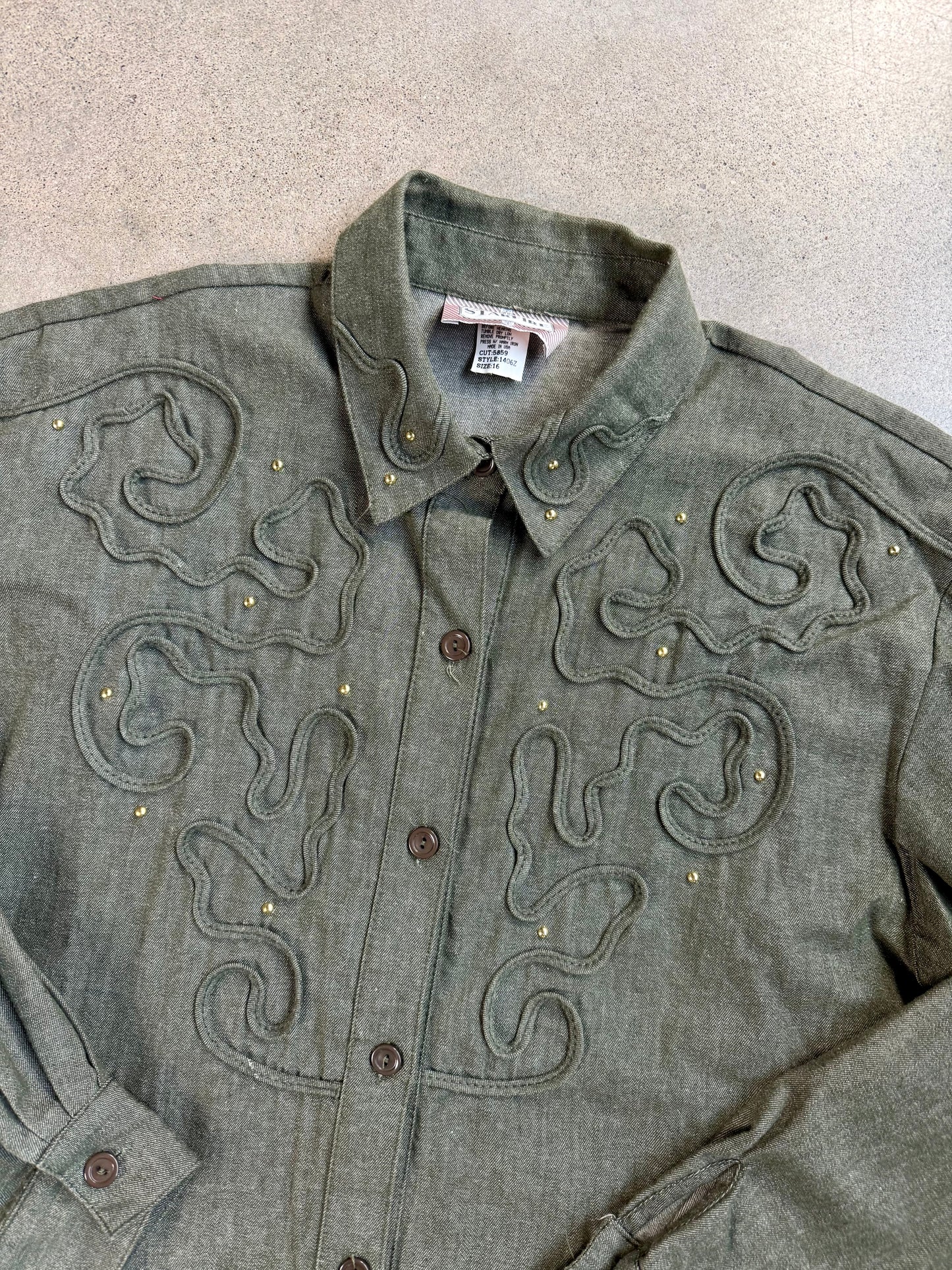 Vintage 1980s Starfire Green Embroidered Western Shirt | Large