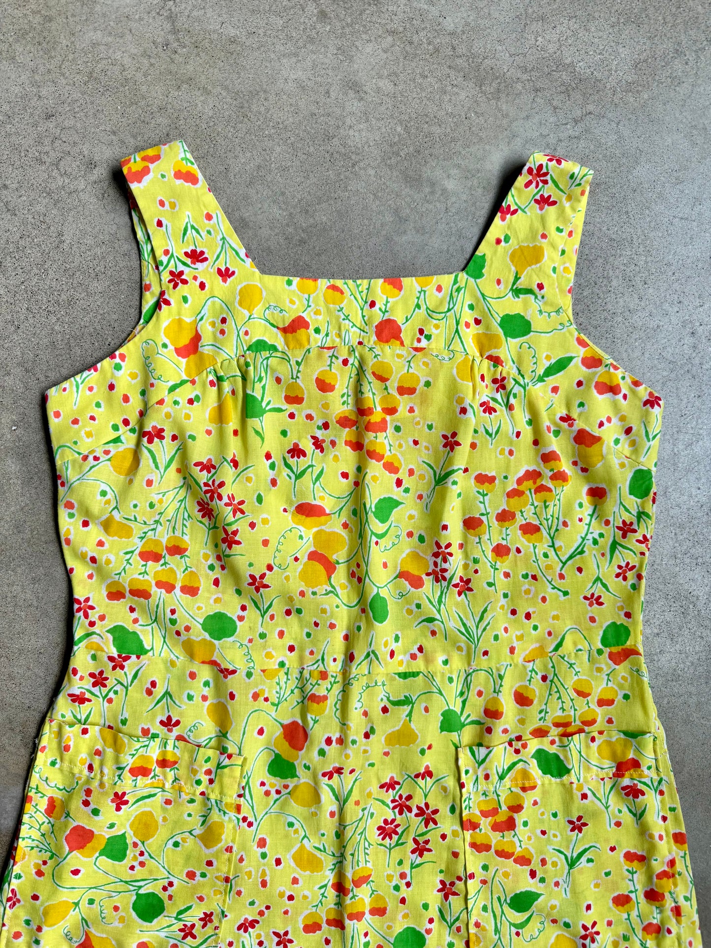 Vintage 1960s Yellow Floral Sleeveless Summer Dress | L/XL
