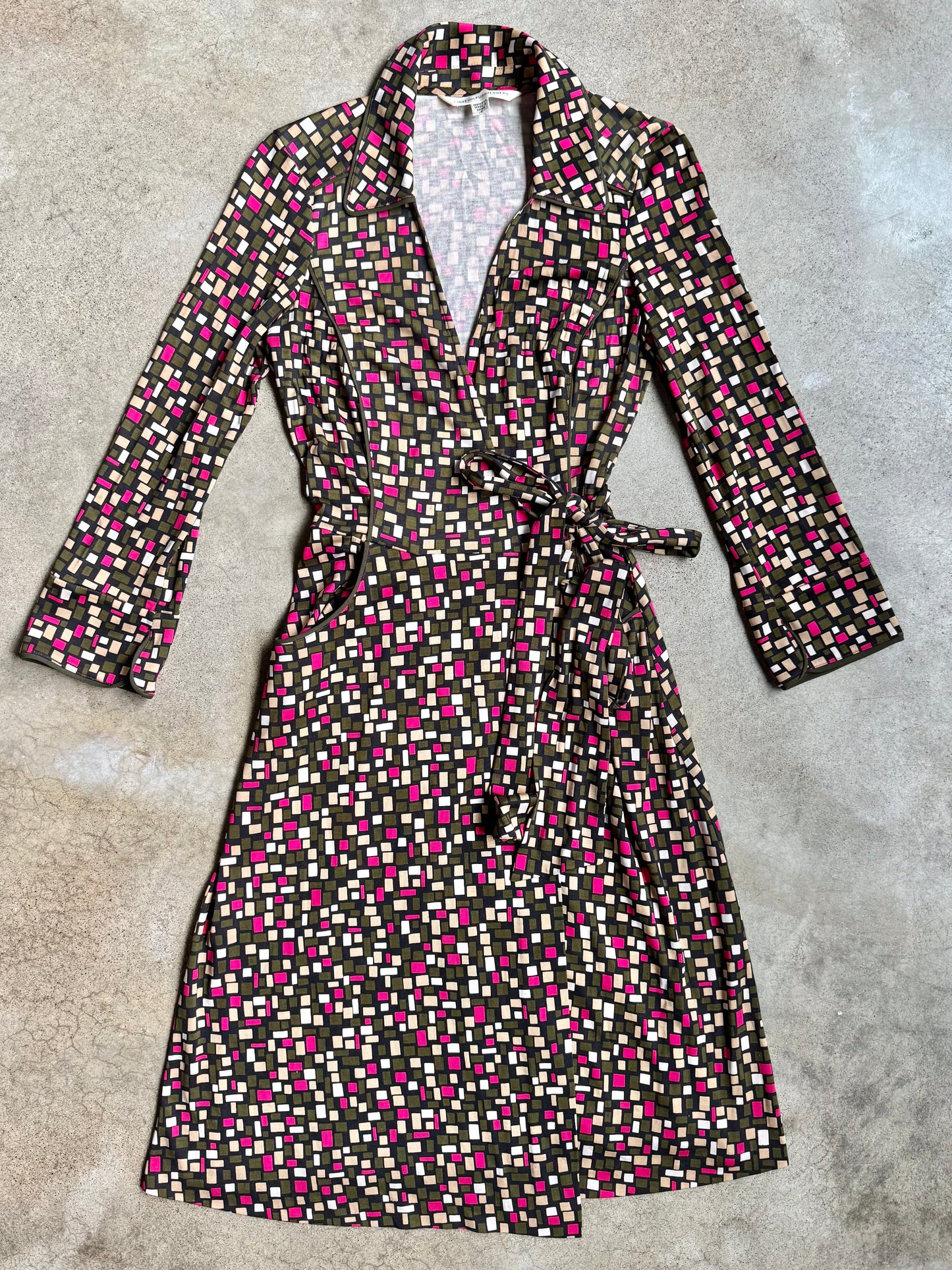 Vintage 1990s Diane Von Furstenberg Square Pattern 100% Silk Wrap Dress | Medium