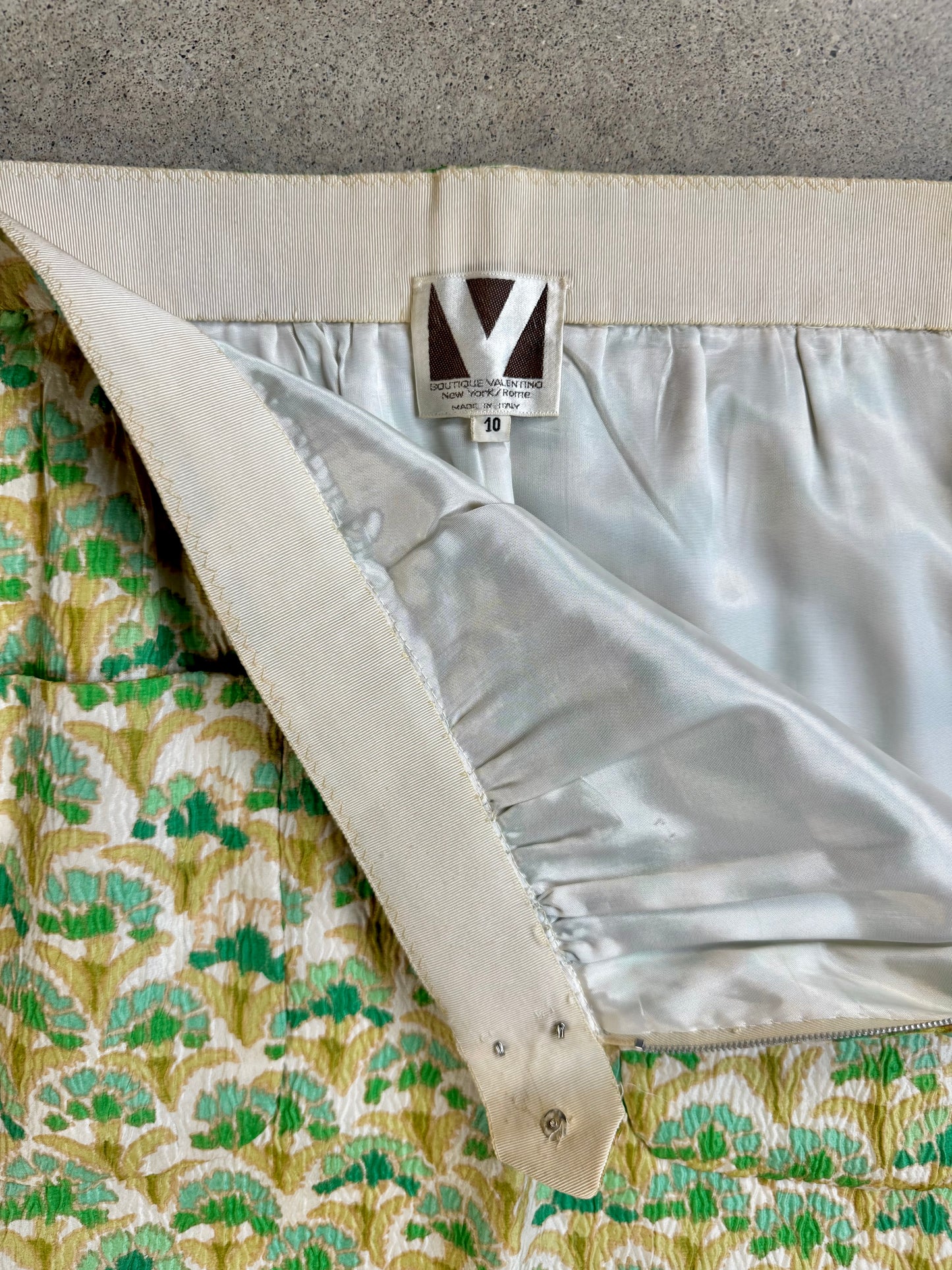 Vintage 1960s Boutique Valentino Green & Gold Floral Silk Maxi Skirt | Waist 26”