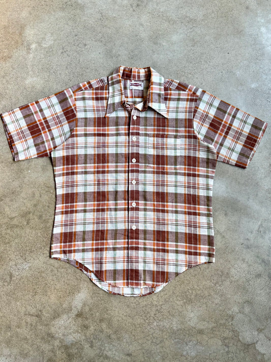 Vintage 1960s Classics By Campus Brown Plaid Short Sleeve Shirt | Large