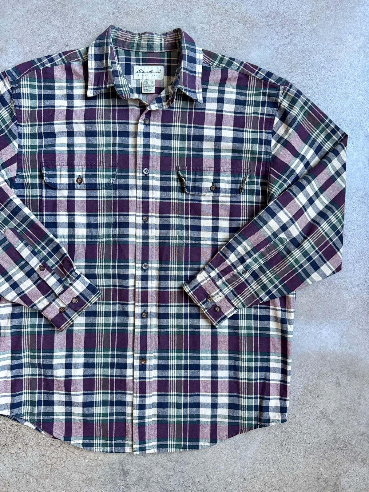 Vintage 1990s Eddie Bauer Dark Plaid Cotton Button-Up Shirt | Medium
