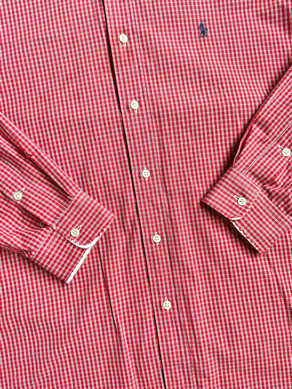 Vintage 1990s Ralph Lauren “Blake” Red Plaid Distressed Button-Down Shirt | Large