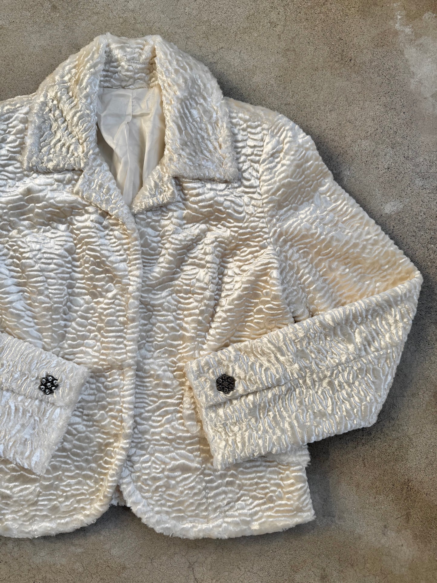 Vintage White Faux Fur Rhinestone Button Jacket | Small